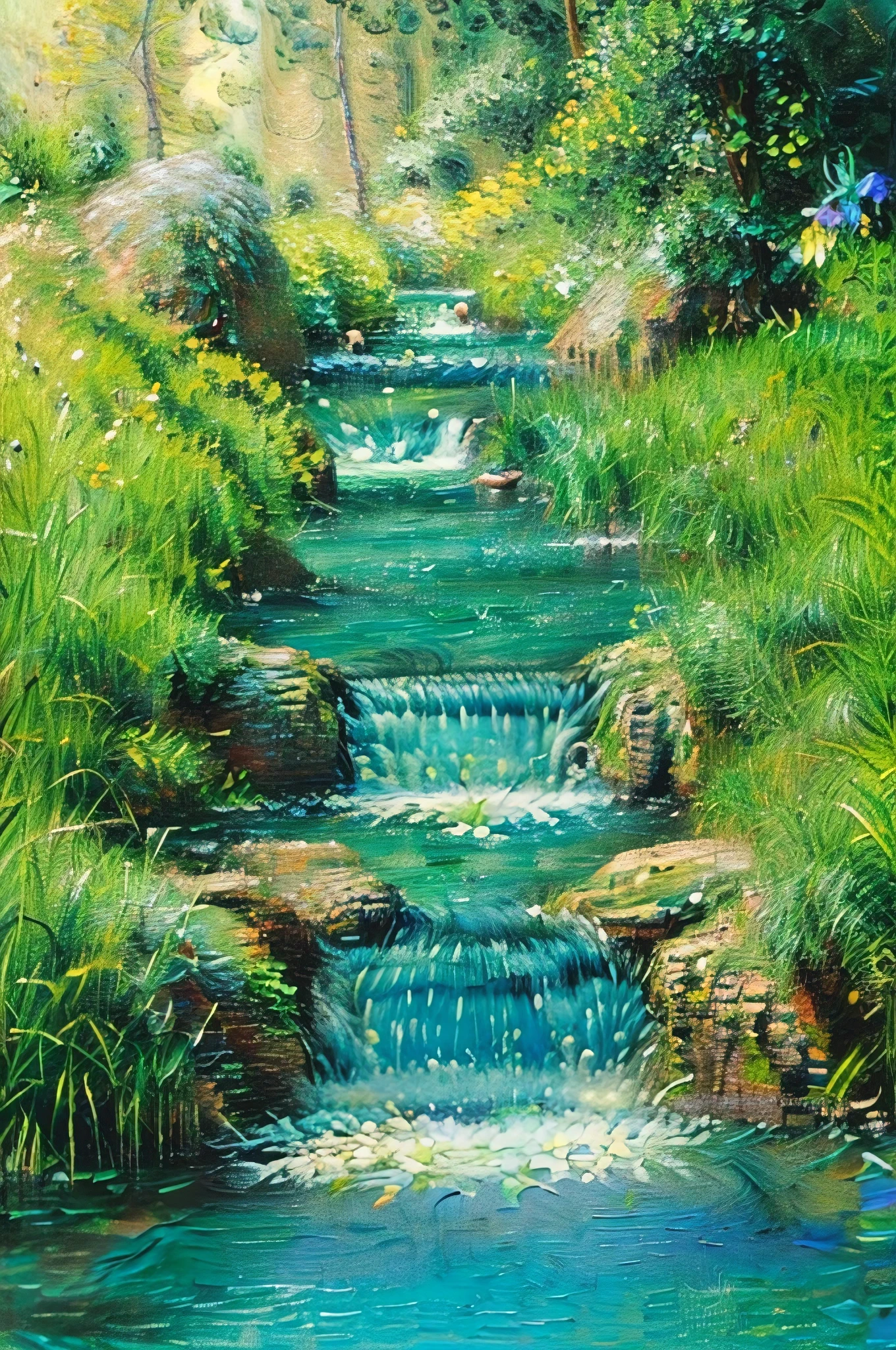 A stunningly detailed and vibrant scene inspired by Claude Monet, depicting a crystal-clear river flowing through a lush green landscape. Surrounding the water flow chart are emerald green grass and delicate, colorful wildflowers. Towering trees with soft, dappled sunlight can be seen in the background, casting a warm glow over the scene. To either side of the river, rocks rise majestically, adding a sense of depth and realism to the water's edge. In the foreground, a gentle waterfall cascades, with sparkling blue-green streams and clear springs creating a soothing, serene atmosphere. The overall ambiance of the image is one of tranquility and freshness, evoking a sense of relaxation and happiness in the viewer.