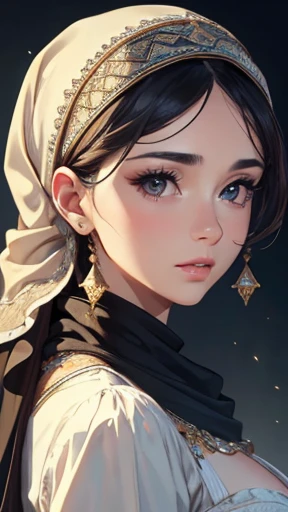 Masterpiece,best quality, Ultrares, hyper realistic, 8k, Extremely detailed beautiful face, beautiful nose, nose contour, Beautiful Gown, viel of face, fancy head scarf,