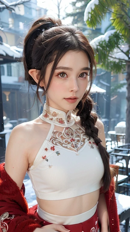 cute elf ,girl, 1girl,(((little ,tiny little body,small))),(((6 years old))),((anime elf with extremely cute and beautiful black hair)),(((elf, elf ears))), (((flat chest))),((((black hair:1.35,ponytail braid hair,colored inner hair,ear breathing)))),(((red_eyes:1.3))),intricate eyes,beautiful detailed eyes,symmetrical eyes,big eyes:1.5,(((lustrous skin:1.5,bright skin: 1.5,skin tanned,shiny skin,very shiny skin,shiny body,plastic glitter skin,exaggerated shiny skin,illuminated skin))),(detailed body,(detailed face)), cute,slutty,erotic,daring,nsfw, zettai ryouiki,revealing clothing,show skin,(((Sexy red fur coat, red fur coat outfit, wearing a red fur coat:1.3,red winter coat))), ((red mini-skirt,red mini skirt with furry edge,visible thong straps)),((underpants strap)),(white gloves,red clothes,semi-naked,with little red clothing,(((furry edge clothing)))),(((intricate outfit,intricate clothes,embroidered outfit,ornate outfit,embroidered clothes,ornate clothes))), (dynamic pose:1.0),embarrassed,(centered,scale to fit dimensions,Rule of thirds), ((snowy pine forest)),winter,scenery:1.25,((intricate scenery)),((snow forest background)), (Glossy winter ornaments),highres,sharp focus,(ultra detailed,extremely detailed),(photorealistic artwork:1.37),(extremely detailed CG unity 8k wallpaper),(((vibrant colors,vibrant theme))),(intricate),(masterpiece),(best quality),artistic photography,(photography taken by sldr),(intricate background),perfect rendered face,perfect face details,realistic face,photo realistic,analog style,((intricate detail)),(((realism))),