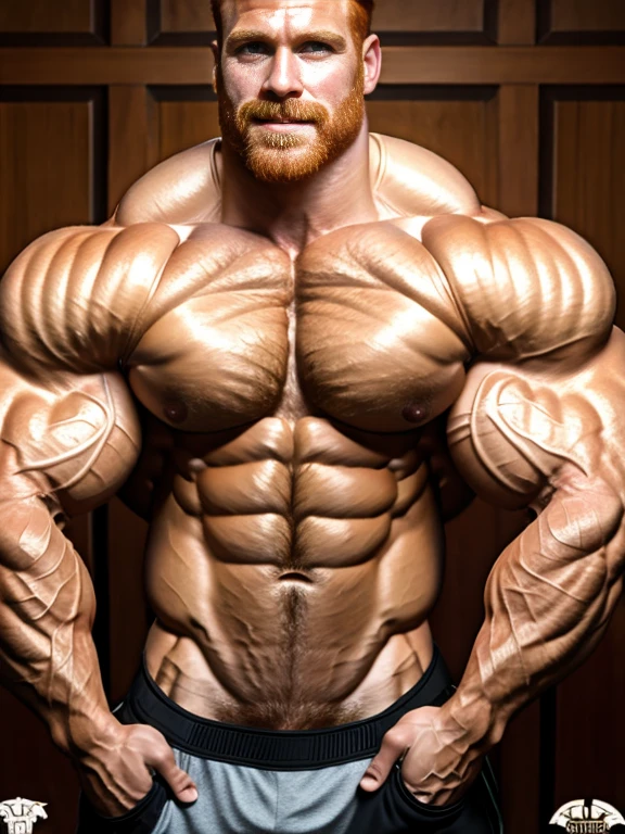 Ginger-haired male figure with well-defined, hyper-realistic musculature (muscle definition:1.4). Chest and abdominal muscles appear toned and chiseled, with visible fibers and striations (chest muscles:1.6). Skin has a lifelike, organic texture with subtle imperfections (skin realism:1.5)., rippling chest