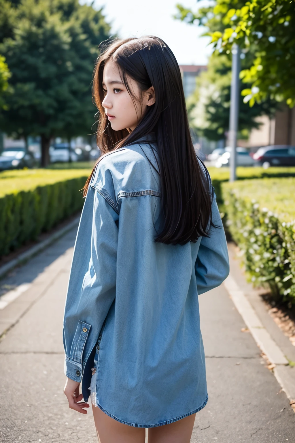 Denim Girls、Long denim shirt, Chopin, casual, Young and cute high school girl, A young, round-faced middle school student, It feels like a picture of the back is taken from a distance.
