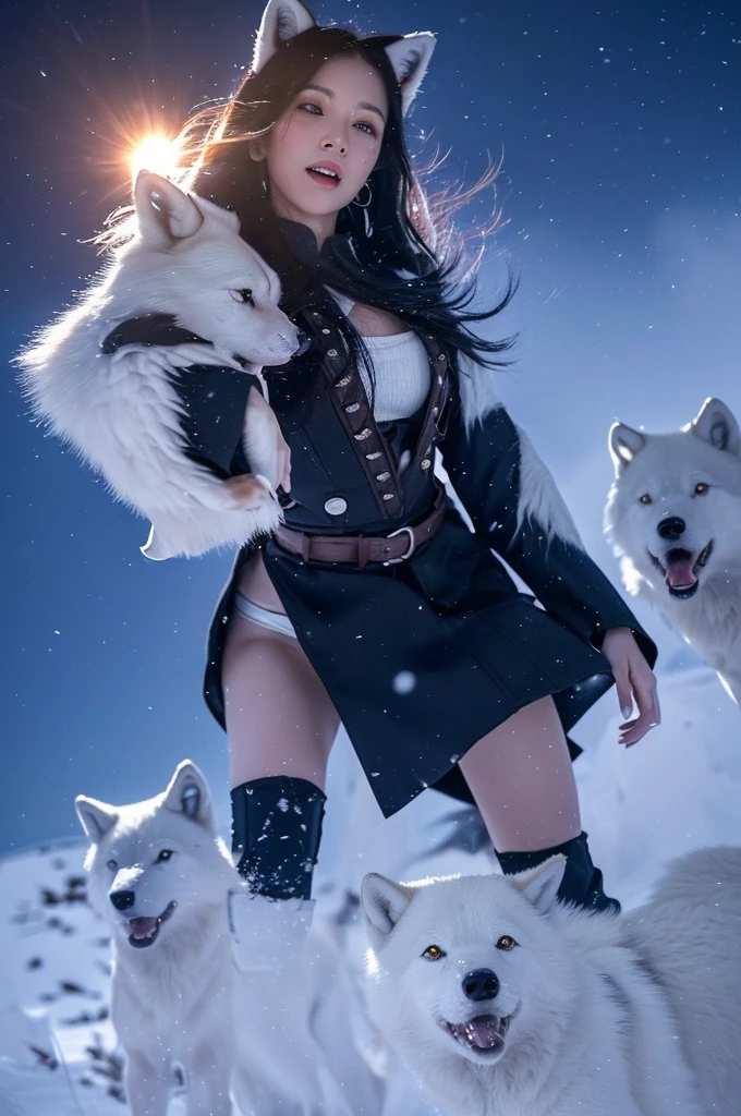 (Dark Elf, A woman fights a pack of white wolves in a blizzard on a rugged mountain.), (Look up at the sky, Put your hands up in the air, Has a big fireball.:1.3), Multiple red concentric circles on the ground. The wolf exhales ice breath that glows blue... she is posing gracefully, He swings his sword'Dance while dodging attacks. The main color is dark gray.、Accented with yellow. It's dusk, Dark and cold., (Gothic fantasy illustration & ukiyo-e & Comic art.), (白髪の中年のDark Elfの女性, Blunt bangs, Bobcut, dark purple skin.), (Her eyes are lavender. Draw her eyes and pupils with detail and clarity.), (She is wearing a white leather short suit with lace...)