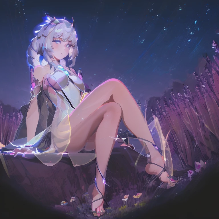 (best quality,4K,8k,high resolution,masterpiece:1.2),Ultra Detailed,(actual,photoactual,photo-actual:1.37),illustration,Soft Light,White hair girl,Deep purple eyes,Glowing eyes,sit down,barefoot,blush,Garden at night,Flowers.