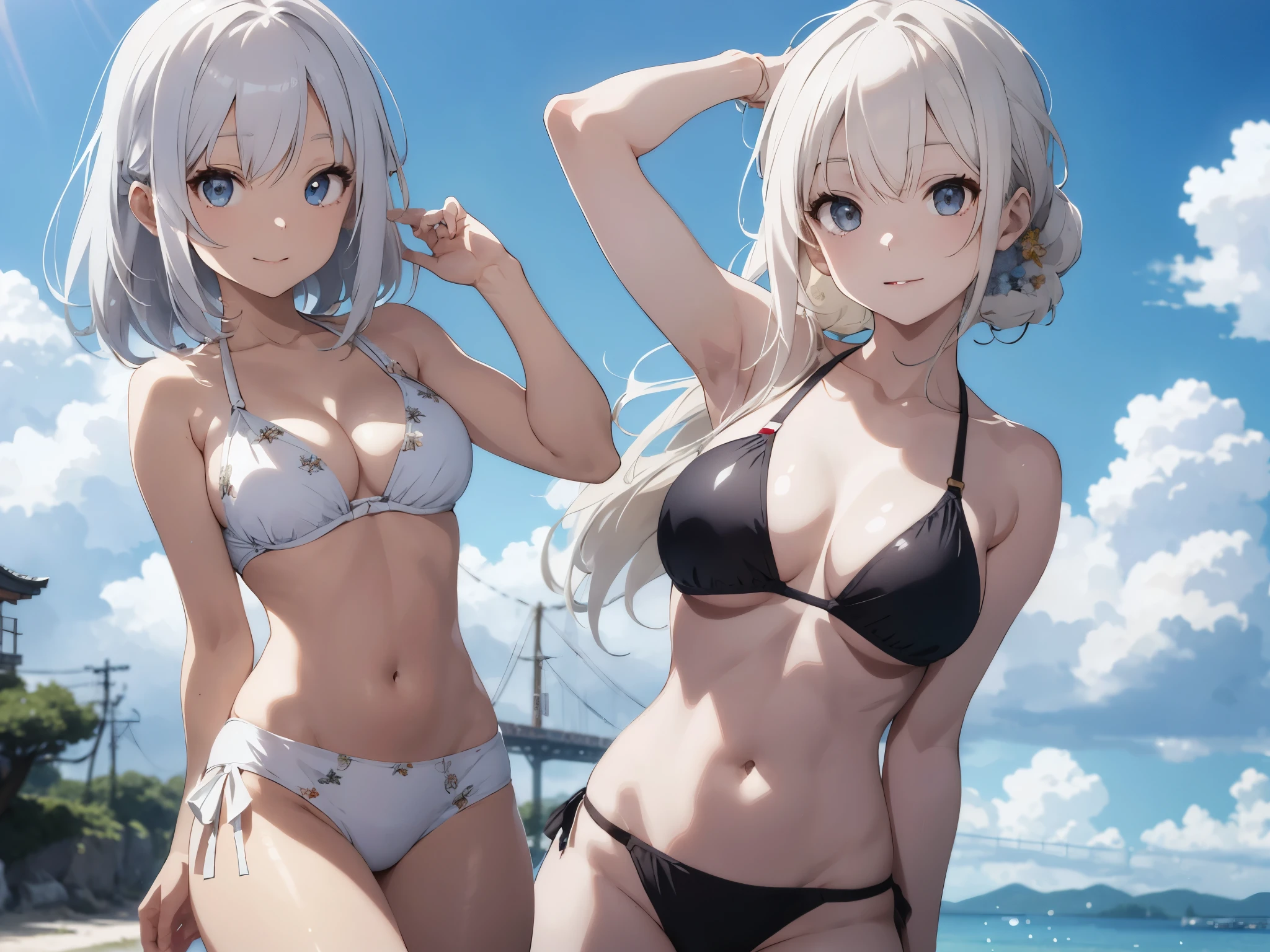 White haired girl drawn in high resolution Japanese anime style、Group of women taking photos in bikinis, Bikini Model, , A young and cute gravure idol, Posing together in a bra, Russian and Japanese mix, sakimichan, Asian woman, Wear a swimsuit, that'that'that'that'that'that'that'that'It's hot with the shining sun, Japanese Model, Cute Core, sakimichan hdri, Young Gravure Idol, Chubby