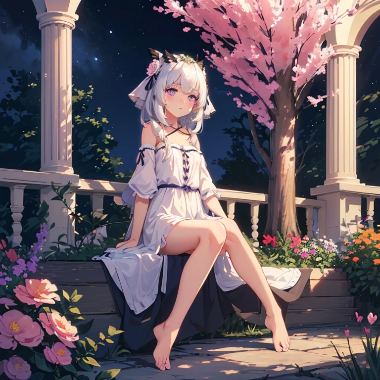 (best quality,4K,8k,high resolution,masterpiece:1.2),Ultra Detailed,(actual,photoactual,photo-actual:1.37),illustration,Soft Light,White hair girl,Deep purple eyes,Glowing eyes,sit down,barefoot,blush,Garden at night,Flowers.