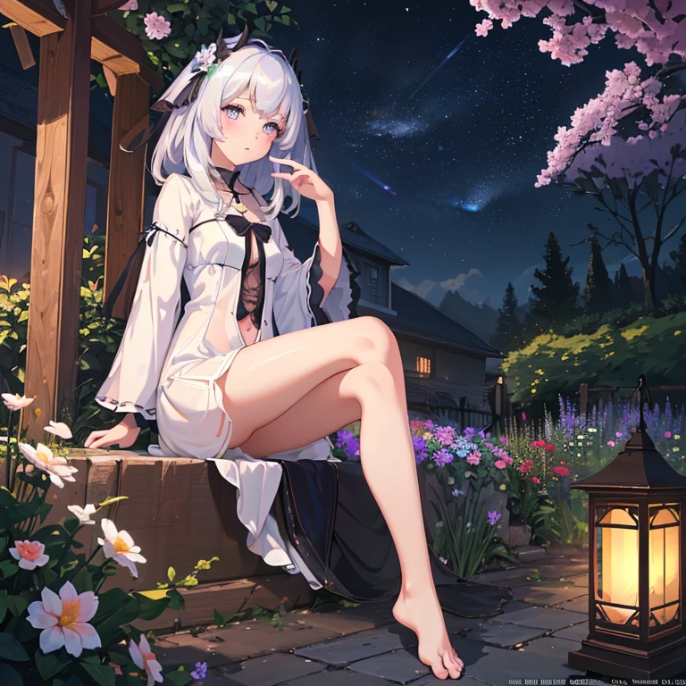 (best quality,4K,8k,high resolution,masterpiece:1.2),Ultra Detailed,(actual,photoactual,photo-actual:1.37),illustration,Soft Light,White hair girl,Deep purple eyes,Glowing eyes,sit down,barefoot,blush,Garden at night,Flowers.