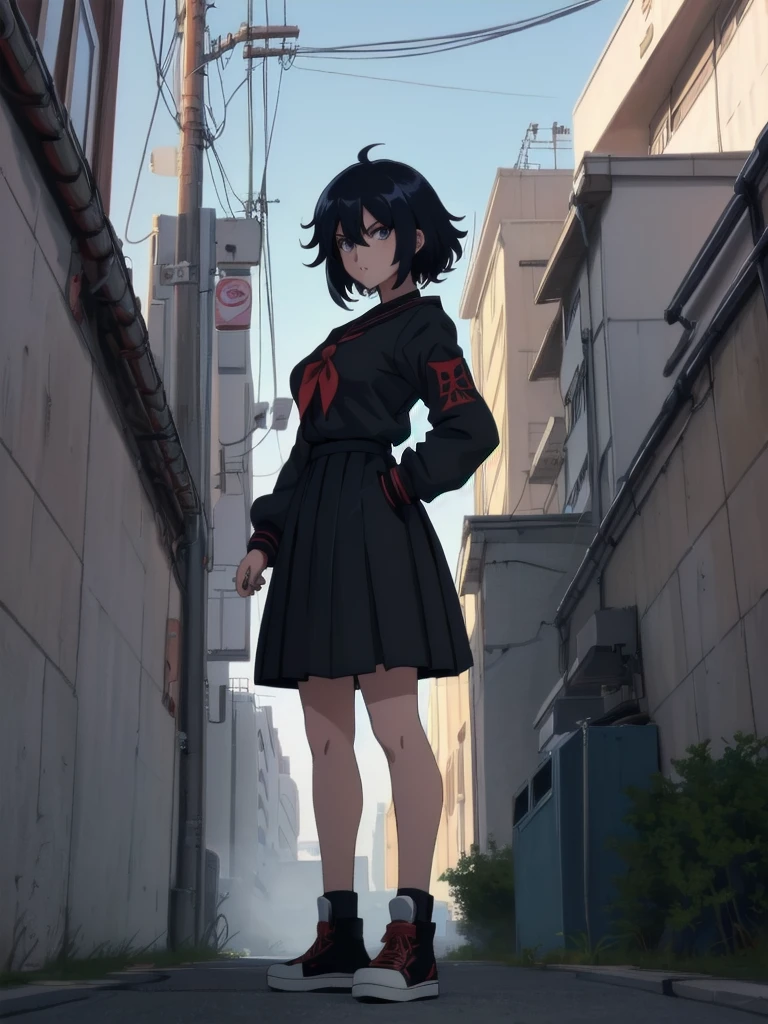 (perfect composition), (high resolution, masterpiece, ultra best quality, ultra HD, 4k,HD, high detailed ),anime character Sukeban delinquent girl  standing on a city street corner in black seifuku with black very long skirt, anime style. 8k, anime style mixed with fujifilm, retro anime girl, anime styled digital art, in tokyo, anime style illustration, anime style 4 k, anime style artwork, anime poster film still portrait, tokyo anime scene, modern anime style, anime style digital art, short hair, 26year old, red converse,