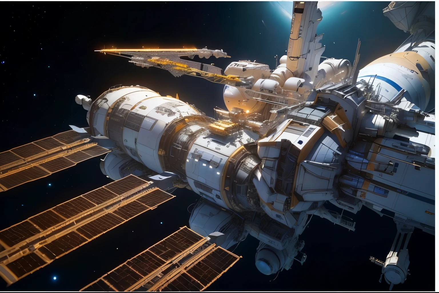 , space station, Complex machines in space. Spaceships in space. Agriculture. Sci-fi farm