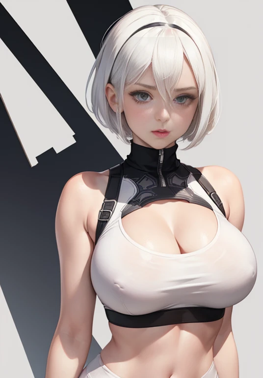 (a) (white sports bra),white hair,short hair,hair between eyes,(white leggings),confident,babe,young,nier 2b,2b, nier,big breast,hot,seductive)),white background