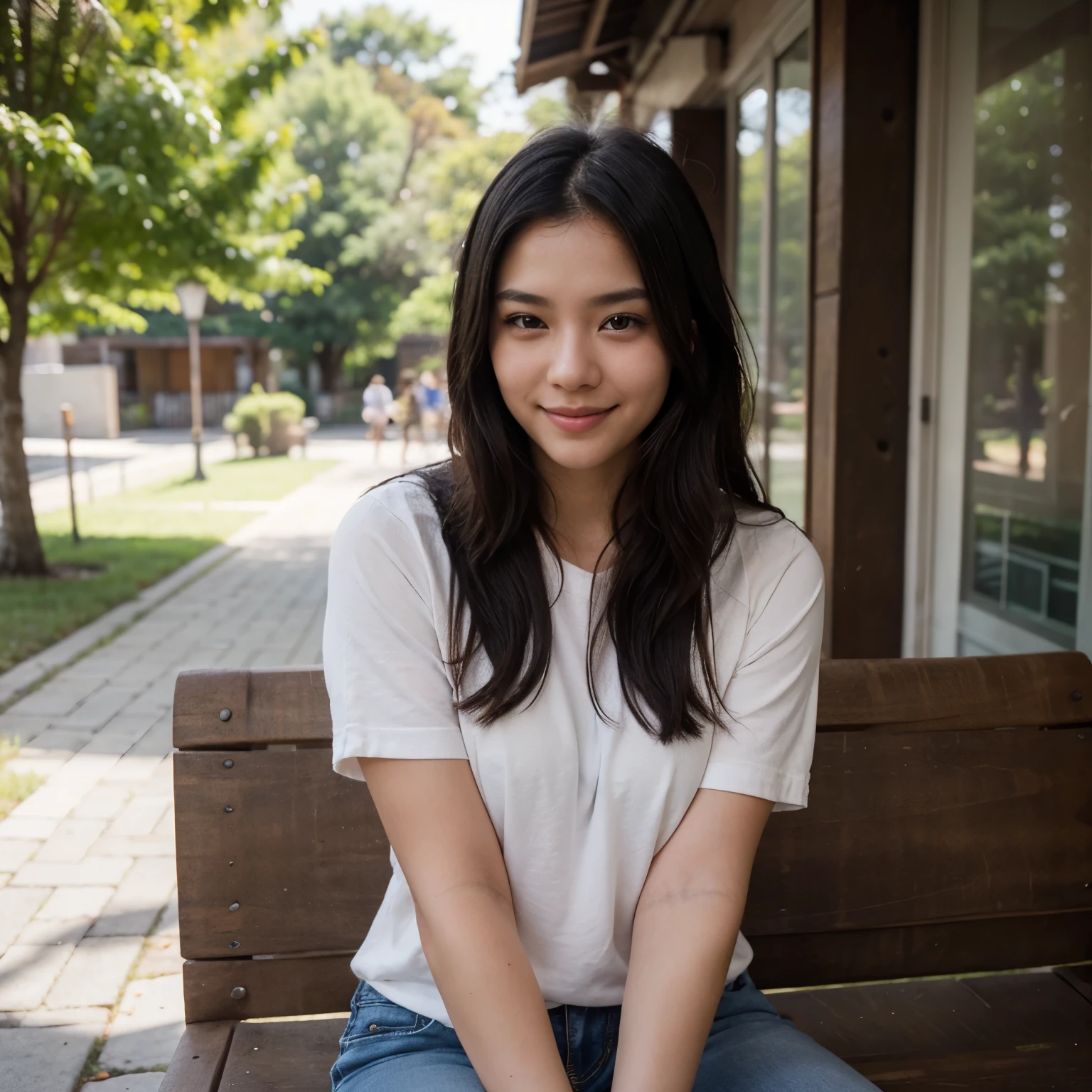 A stunningly cute 22-year-old Asian woman with smooth, glowing skin, long silky black hair, and sparkling brown eyes. She is wearing a stylish red shirt and black jeans. Her smile is warm and inviting, exuding youthful energy and charm. The background is a soft, dreamy setting with a touch of nature, perhaps with blooming flowers or a gentle sunset glow