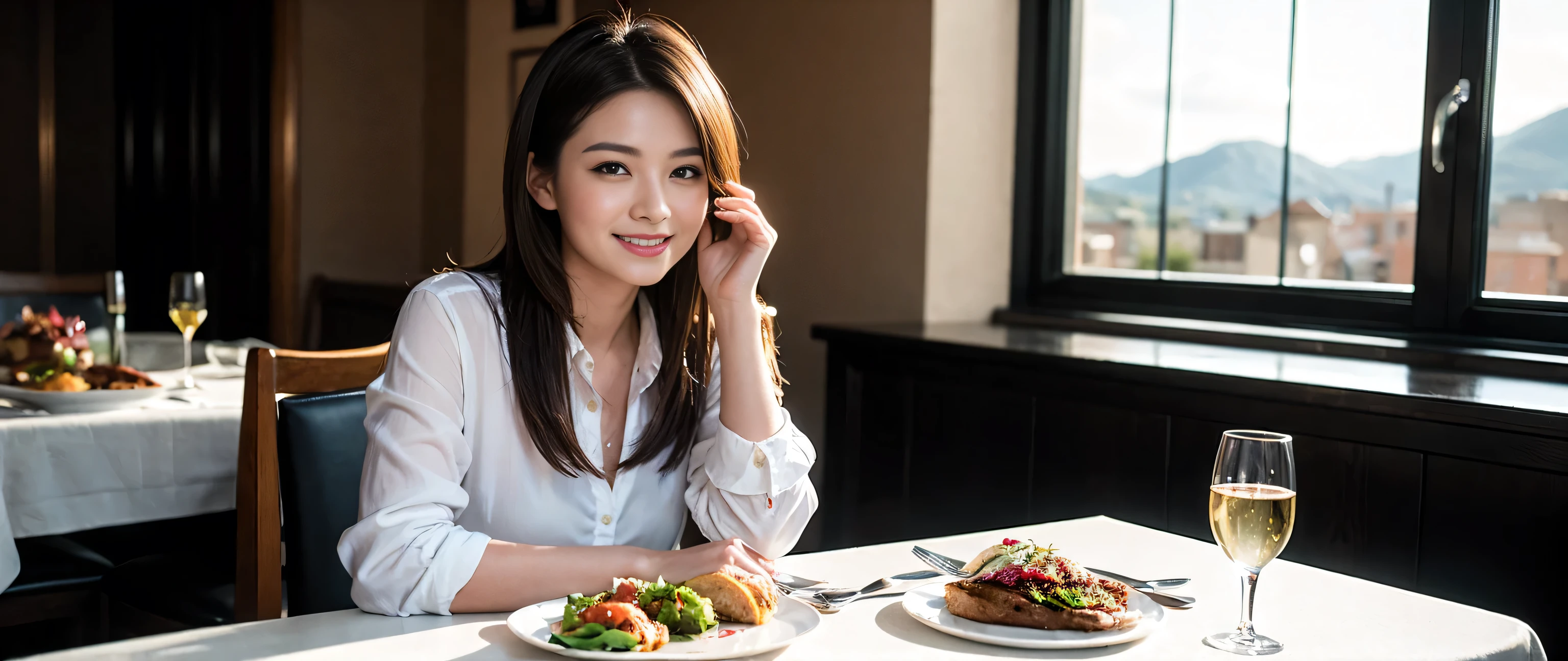 ((highest quality、8k、masterpiece:1.3))、Two people、1 male, 1 female、couple、Lovers、Couple、Slim body、((Bob Hale、Straight hair:1.2))、(to be born, highest quality, masterpiece:1.5), (Realistic, Intricate details:1.2), Wine glass on the table、Shine light on your face、 Amazing view of the sunset sky and clouds、Amazing mountain views、A bright smile、The wonderfulness of smile、Bright image、The beauty of wine, Beautiful Face, blue eyes, The light shines on your face, Blushing, short hair,Bright Face、 (36 years old), 39 years old, red wine 、Appetizers、Italian food、Wine bottle、Champagne、sparkling wine、Two people beauty、Brown Hair、Shortcuts、Long sleeve shirt、dress、Pretty Woman 1, (Slim face), (The body is slim), (Brown Hair), (Shortcuts), cheeks turn a little red,Attractive beauty、, Out of the window, A beautiful and detailed night view unfolds.........., restaurant, In a prominent place (From the waist up) Nova Frog Style, actress, model, Upper Body, White wine, slim, wine glass, A wine glass placed in the middle, smile, (smile: 1.15), Beautiful fine grain, Depth f/2,saturation, High Contrast, Strong light and shadow,Moist Body:1.5、3D texture、Delicate eyes、Brown Hair、The hair is very shiny、