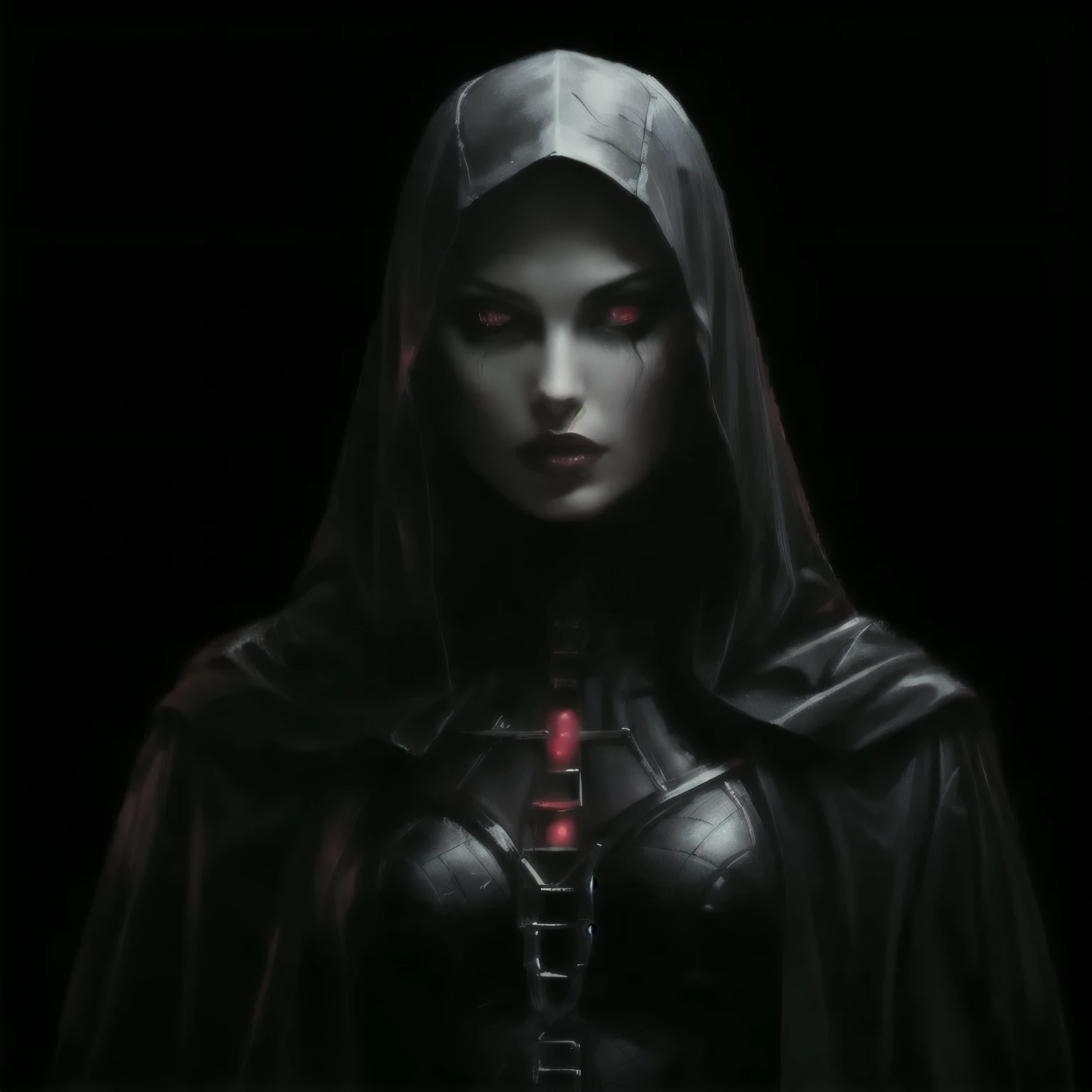 a close up of a woman in a hooded jacket with a red light on her face, dark hooded wraith, dark robed, sith lord, sith, dark sorceress, hooded cloaked sith lord, dark fantasy style art, dark fantasy character design, ariana grande as a sith, gothic wraith maiden, dark fantasy concept art