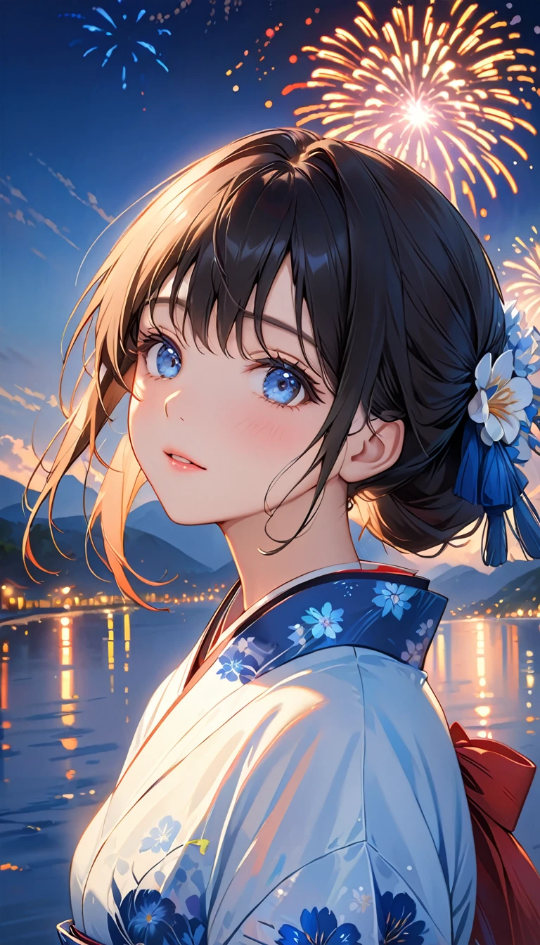 ((masterpiece, highest quality, Ultra Clear, High resolution)), alone, beautiful girl, Shining Eyes, Perfect Eyes, , Blue Theme, yukata, firework