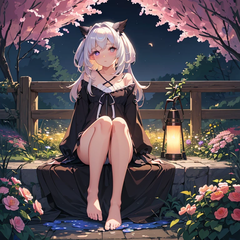 (best quality,4K,8k,high resolution,masterpiece:1.2),Ultra Detailed,(actual,photoactual,photo-actual:1.37),illustration,Soft Light,White hair girl,Deep purple eyes,Glowing eyes,sit down,barefoot,blush,Garden at night,Flowers.