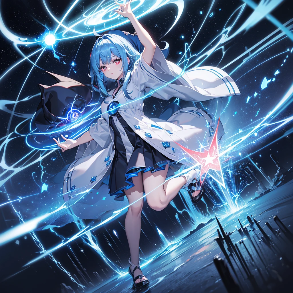 ((Blue Hair magic circle Witch Hat Red eyes)) ((thunder Blitz thunderの杖 starのペンダント electricity lightning)) (Magic Robe shine star Streaks of Light Black Hole) moon 彗star incantation Runes cool