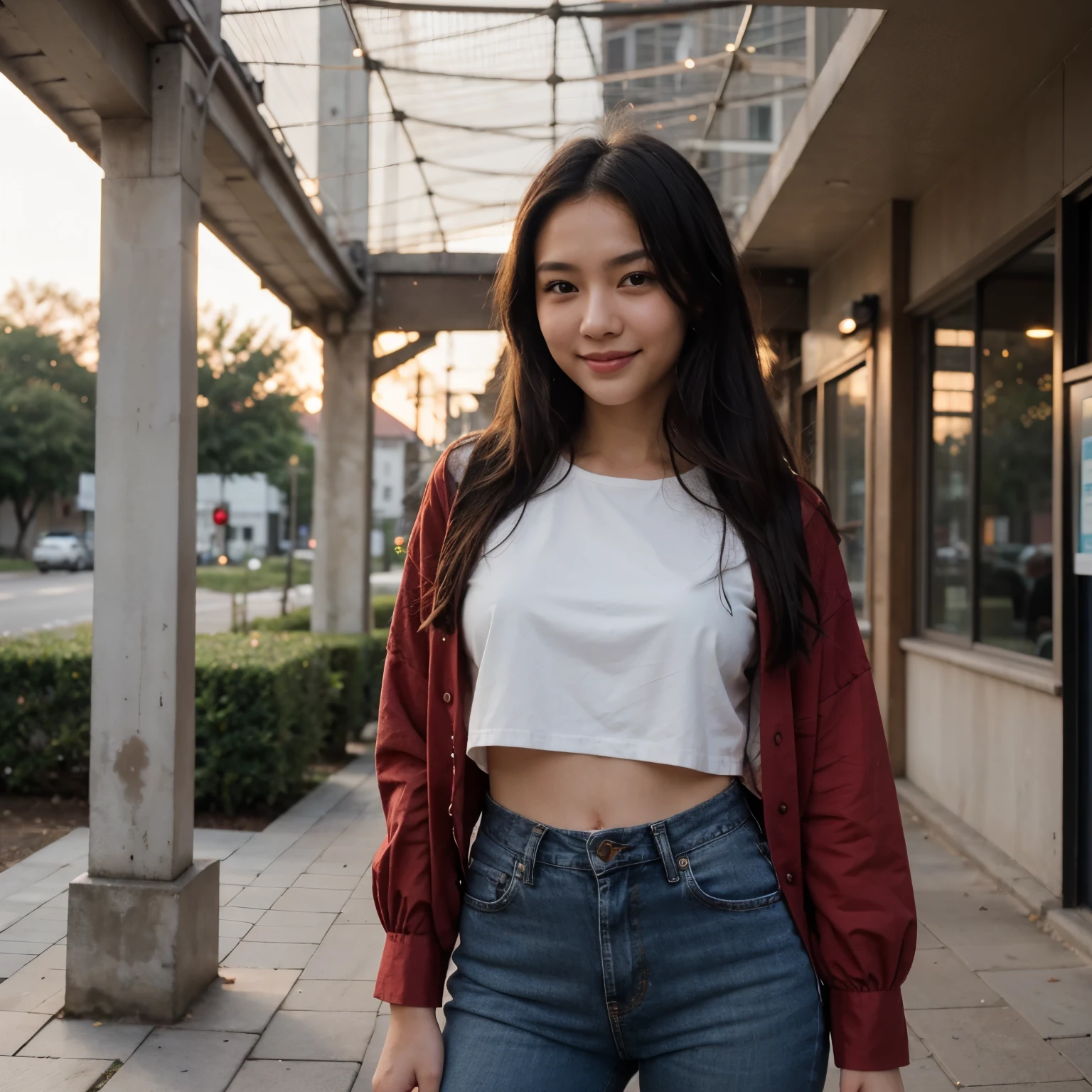 A stunningly cute 22-year-old Asian woman with smooth, glowing skin, long silky black hair, and sparkling brown eyes. She is wearing a stylish red shirt and black jeans. Her smile is warm and inviting, exuding youthful energy and charm. The background is a soft, dreamy setting with a touch of nature, perhaps with blooming flowers or a gentle sunset glow