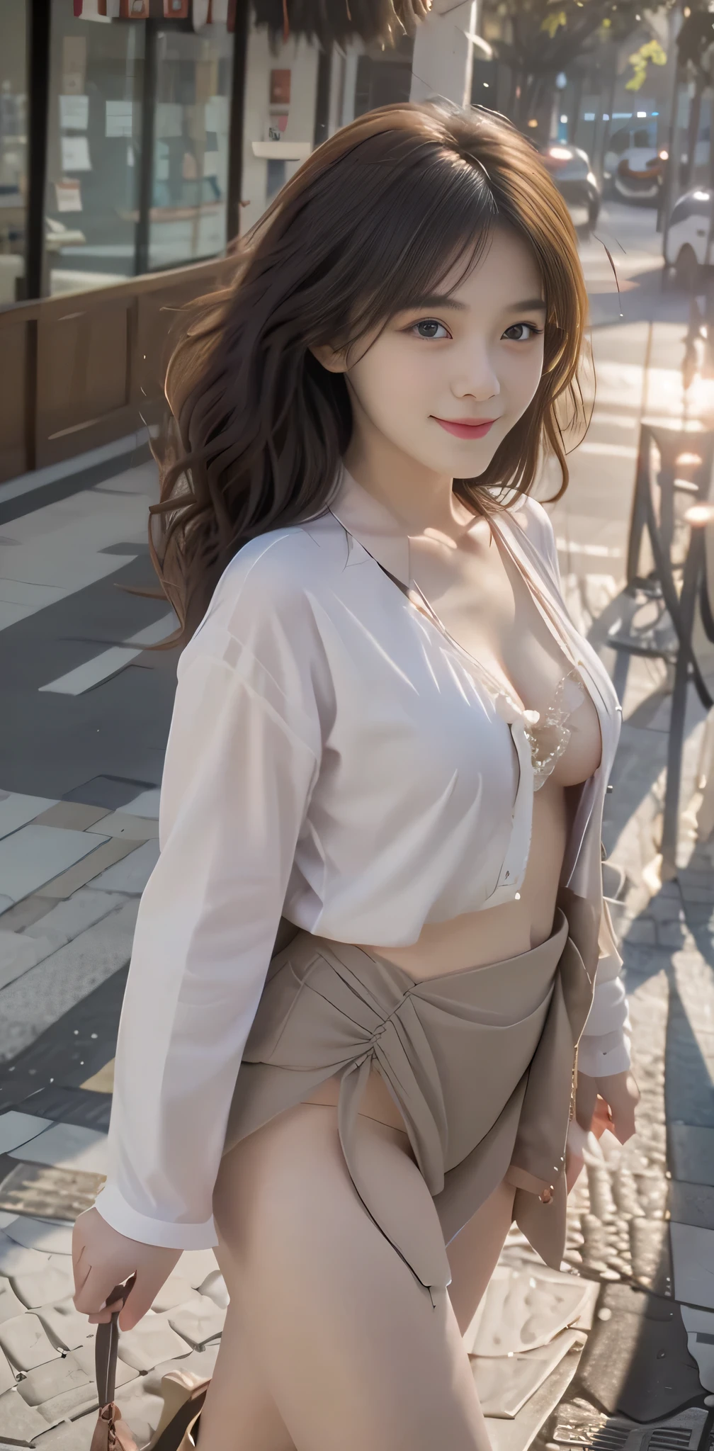 RAW photo, bokeh, (Lifelike face), smiled slightly, Top image quality, High resolution, best quality, 8k, HDR, (photorealistic:1.6), (1girl:1.4), view from behind, S-shaped body, slim body, perfect face, brown and curly and messy hair, very detailed face, beautiful eyes, [chubby], adorable, full body portrait, Close-up, sharp outline, romantic, fashion, uniform, culotte, delicate face, short brown hair fluttering in the wind, 18-year-old girl, slim figure, small bust, (sexy, plump breasts:1.2), charisma, glamorous, standing tall, Walk gently on the street, fantasy.