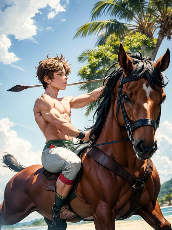 watercolor, Peter Pan Riding a Centaur a 17-year-old Brazilian boy, wearing tight sweatpants with a protruding convex codpiece. Muscular, with round, firm, perfect buttocks,
Aesthetic, erotic, beautiful, in the style of Caravaggio