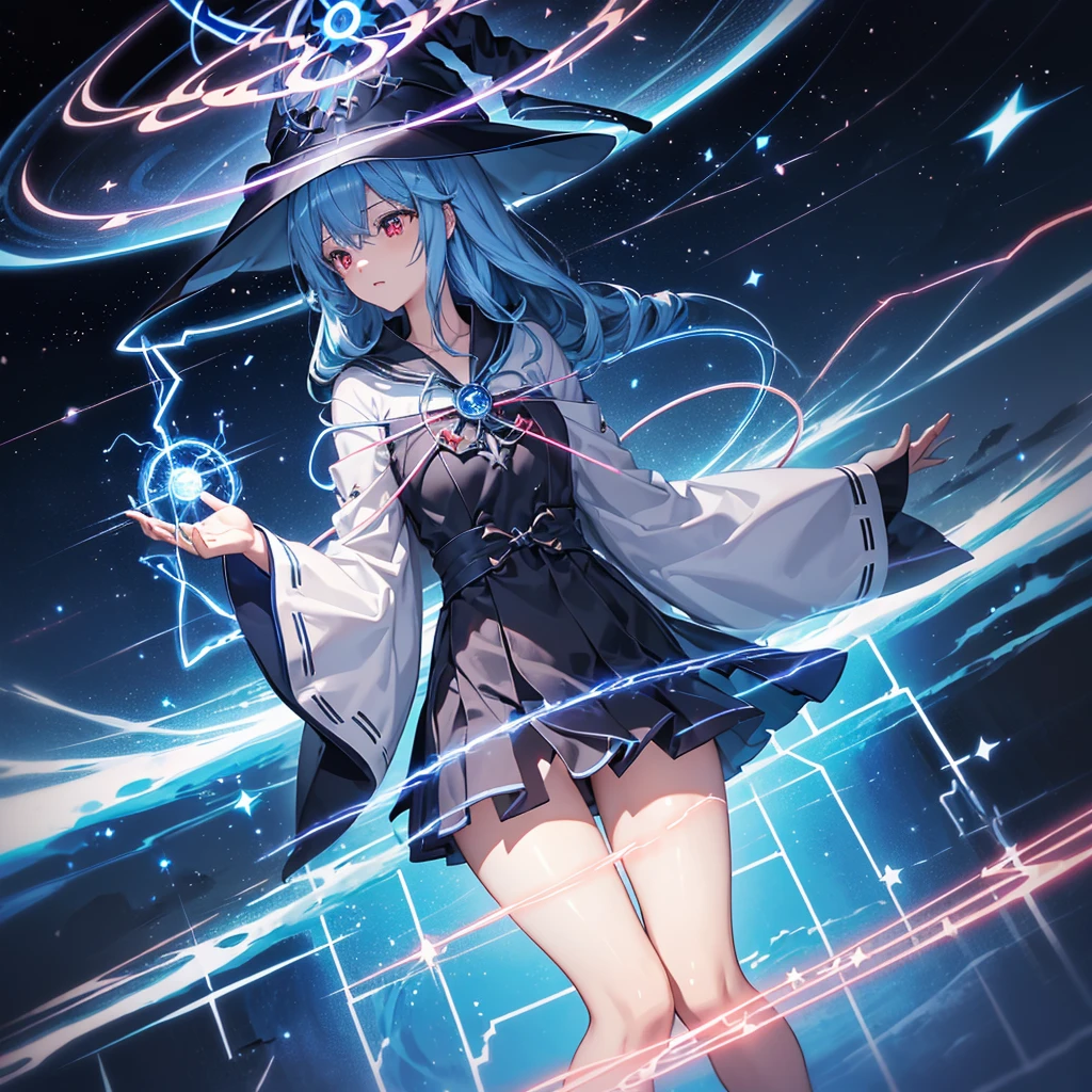 ((Blue Hair magic circle Witch Hat Red eyes)) ((thunder Blitz thunderの杖 starのペンダント electricity lightning)) (Magic Robe shine star Streaks of Light Black Hole) moon 彗star incantation Runes cool