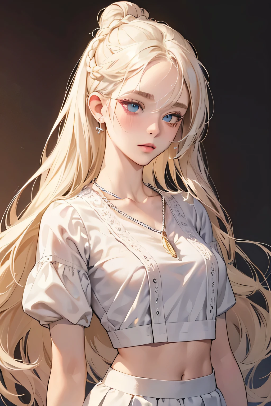(extreamly delicate and beautiful:1.2), 8K,(masterpiece:1.0),(best_quality:1.0), 1 girl,model and intricate detailing, Enlarged textures, and intricate detailing, finely eye and detailed face, and intricate detailing, shiraga, platinum blonde curls long hair, (closed mouths), Perfect eyes, Equal eyes, carolina eyes (A famale god) with white polo croptee croptop short sleeved shirt and white short skirt, carolina eyes perfect, perfect, earing, hairpin, perfect body, sexy body, carolina blue perfect eyes, lips nude, necklace, little blush on nude, bun braid our hair, look at camera