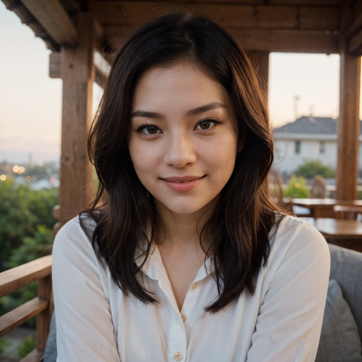 A stunningly cute 22-year-old Asian woman with smooth, glowing skin, long silky black hair, and sparkling brown eyes. She is wearing a stylish red shirt and black jeans. Her smile is warm and inviting, exuding youthful energy and charm. The background is a soft, dreamy setting with a touch of nature, perhaps with blooming flowers or a gentle sunset glow