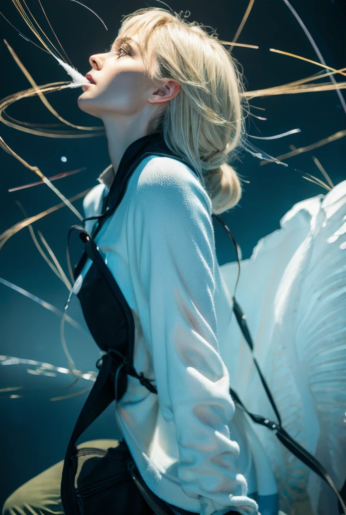 Perfect placement, White coat, Paint the trajectoryする(Paint the trajectory(Paint Trails)), Applying Stain, Dirty Art, black and yellow paint, Injured, crystallization, Daisy Flower, yellow, blue eyes, sorrow, Long Blonde Hair, Resting position, Abstract Beauty, beautiful young girl with thin face, Centered, View your audience, To the camera, Sad empty face, thin, 15 years old, Broken glass, Near perfect, dynamic, Very detailed, Smooth, Sharp focus, 8k, High resolution, shape, Art by Yoji Shinkawa, Kahne Griffith and Vadim Kashin, White Background