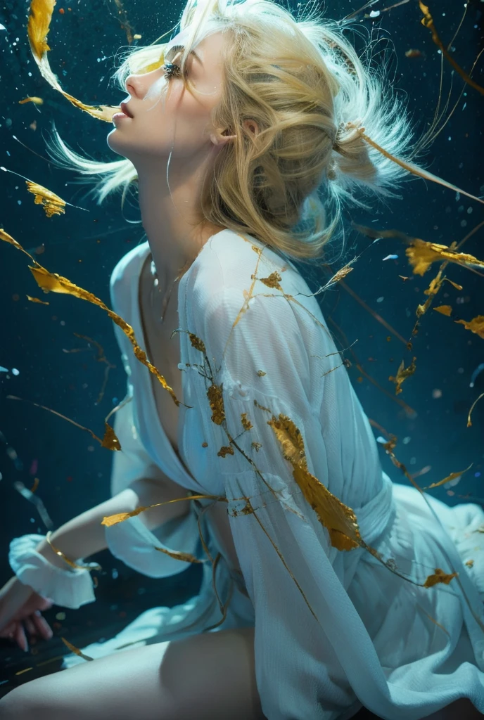 Perfect placement, White coat, Paint the trajectoryする(Paint the trajectory(Paint Trails)), Applying Stain, Dirty Art, black and yellow paint, Injured, crystallization, Daisy Flower, yellow, blue eyes, sorrow, Long Blonde Hair, Resting position, Abstract Beauty, beautiful young girl with thin face, Centered, View your audience, To the camera, Sad empty face, thin, 15 years old, Broken glass, Near perfect, dynamic, Very detailed, Smooth, Sharp focus, 8k, High resolution, shape, Art by Yoji Shinkawa, Kahne Griffith and Vadim Kashin, White Background