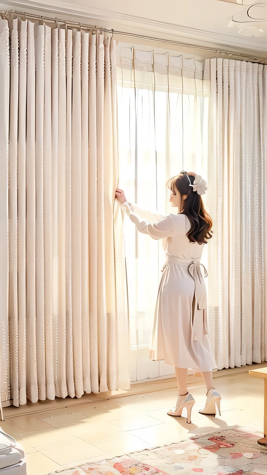 (((Head to Toe)))、(((Curtain samples with a wide range of colors))and(((Curtains with a wide variety of patterns are hanging)))、(((50 curtain samples, 200cm high)))、(White blouse and pale pink skirt))、(Japanese woman choosing curtains from behind))))、Touching the curtains、And yet beautiful、30 years old、Wearing high heels、(Hold the curtains up to the light to see the texture and material)、Carpet tiles on the floor。(Hold the curtains up to the light to see the texture and material）、Floor-to-floor carpet tiles