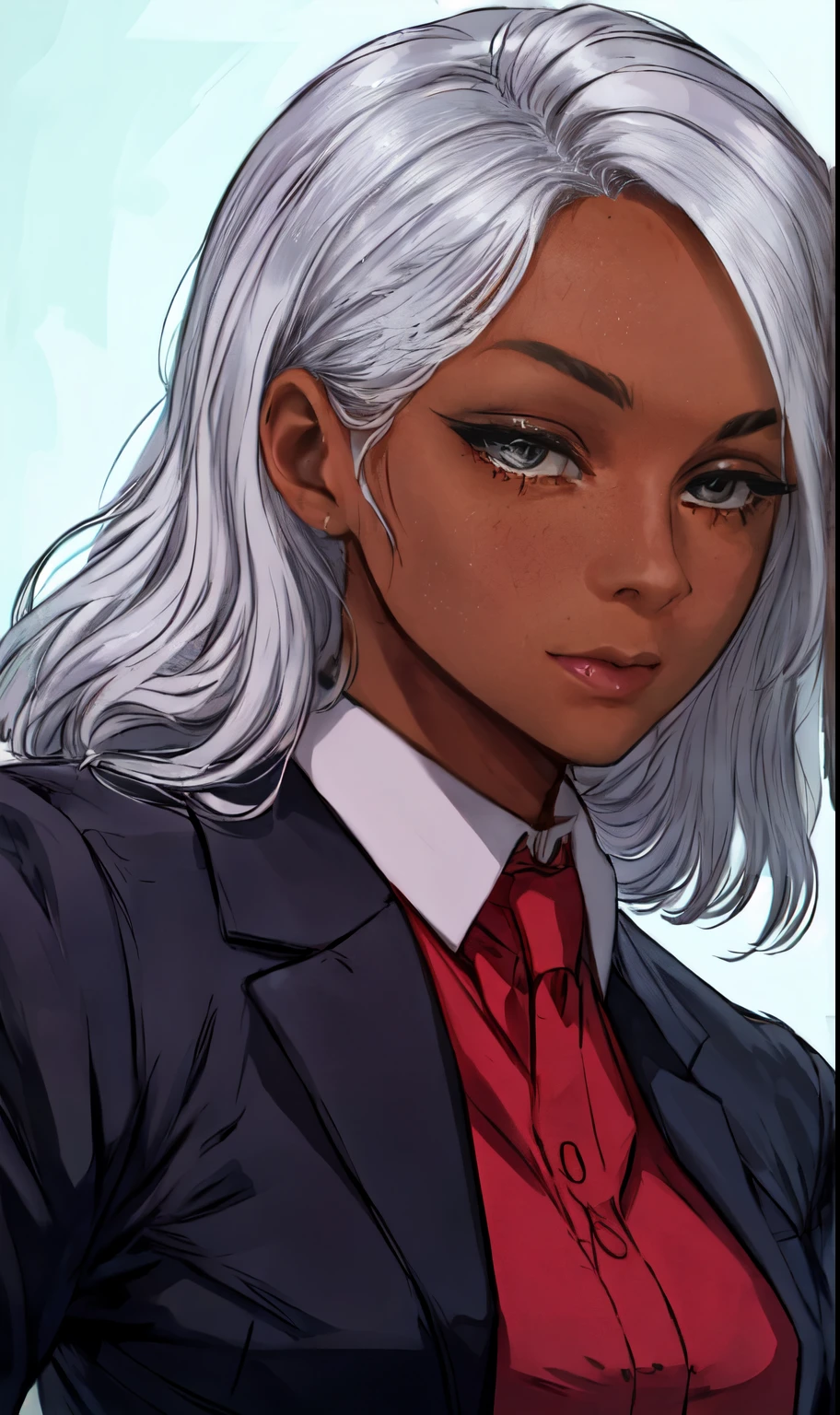 (best quality,highres,masterpiece:1.2), ultra-detailed, (realistic:1.37) portrait, painting (by ratatatat74:1.25), 1girl, solo, (dark skin:1.31), silver hair, office suit, Strict Notes: - tags are arranged in order from subject to detail,First, the topic description(portrait, painting),Then there are the attributes and details of the characters(1girl, solo, dark skin, silver hair, office suit, strict)。 - In each description,You can use brackets to increase or decrease the strength of keywords.,To meet the needs of creation。 - Used tags related to image quality and art style at the beginning,To ensure the generated images are of high quality and realistic。 - Focus on describing the characteristics and image of the characters(dark skin, silver hair, office suit, strict),To better guide the generator to draw details。 - No specific scene or background,In order to make the generated pictures more free and diverse。 - Finally, the tag portrait was used,Used to specify the screen type。 According to my opinion,You can try to generate some pictures,And adjust and optimize according to the generated results。If needed,I can always provide you with more themes。