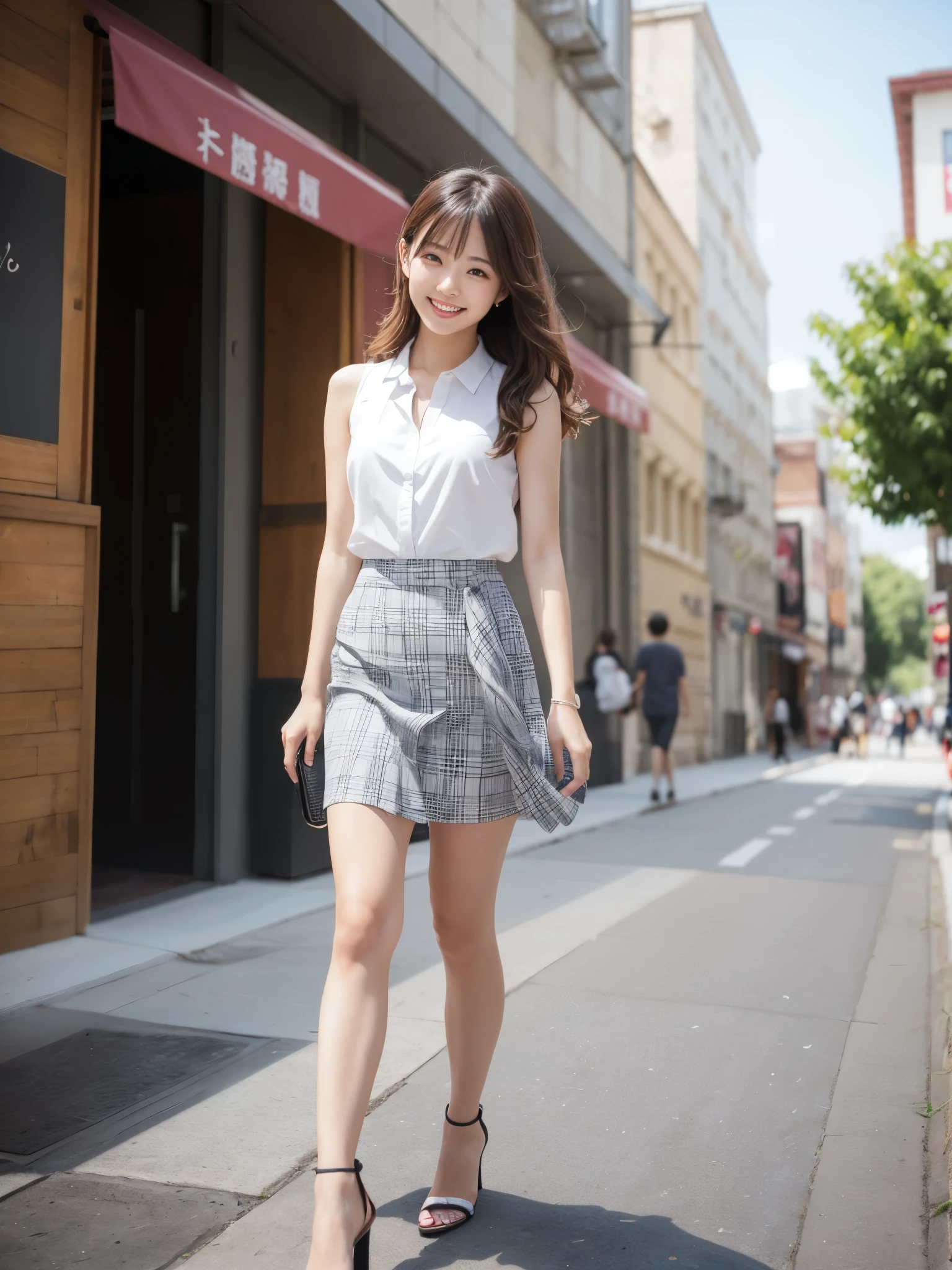 Female college student、White sleeveless、Checked Skirt、High heels、Wavy long hair、clear、thin、slim、Long legs、thinウエスト、Beauty、looking at the camera、Walking around the city、Open chest、すらっと伸びたthin脚、Cute Smile、Open chest、Summer sunshine、