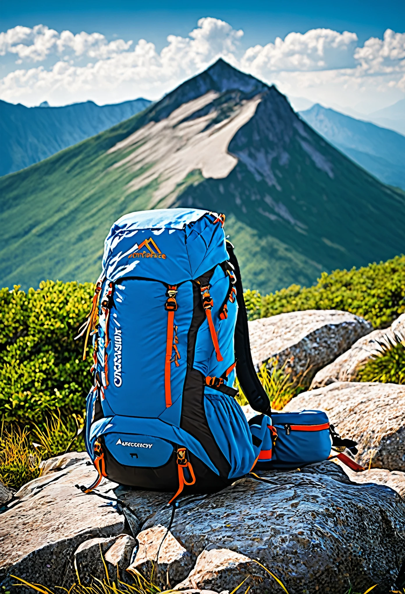 close-up of a backpack on a rock with a mountain in the background, package cover, Alexander Gerimsky, Alexander Kobzdey, peak experience", by Simon Ushakov, Alexander Kucharsky, by Aleksander Kotsis, Magazine cover, Stefan Gerovski