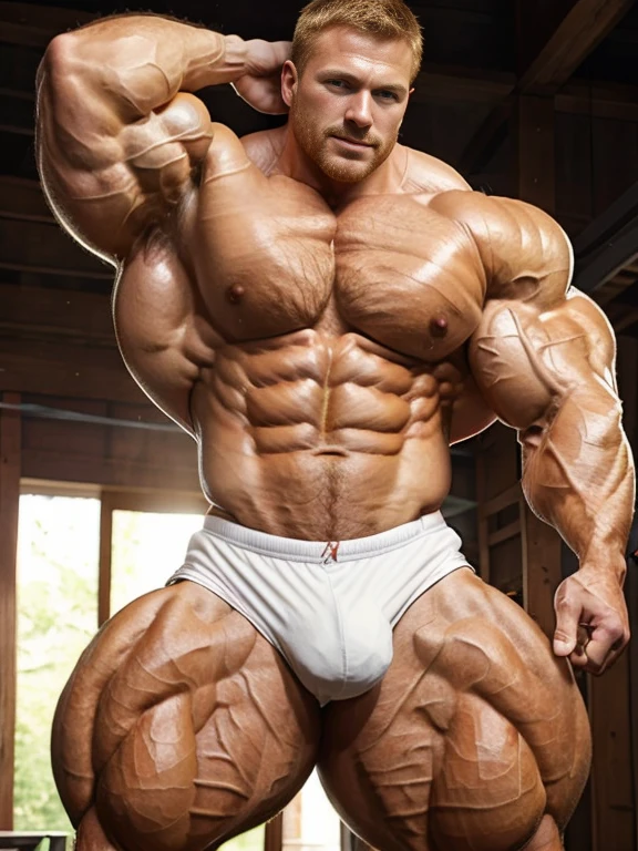 Ginger-haired male figure with well-defined, hyper-realistic musculature (muscle definition:1.4). Chest and abdominal muscles appear toned and chiseled, with visible fibers and striations (chest muscles:1.6). Skin has a lifelike, organic texture with subtle imperfections (skin realism:1.5). rippling chest