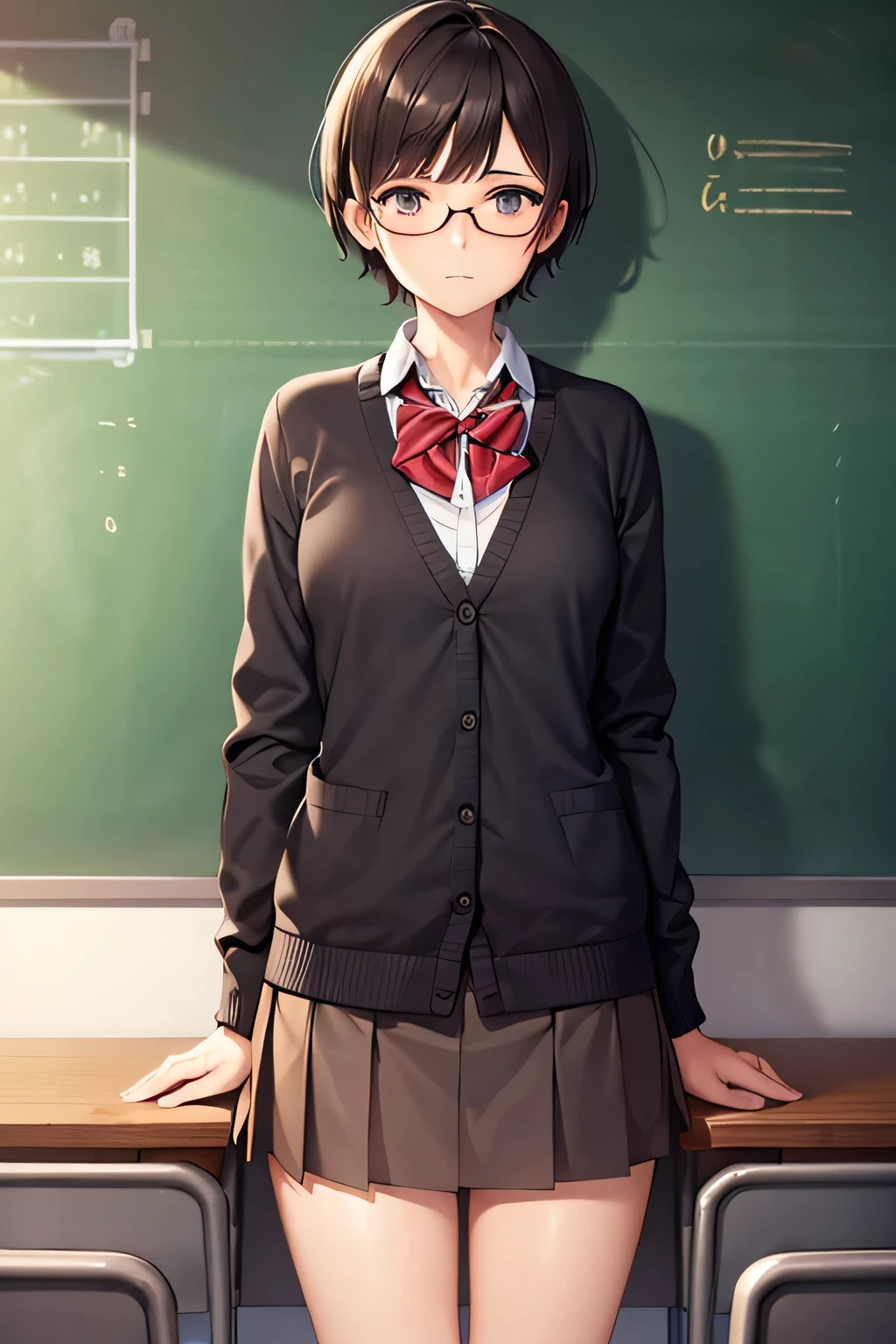 short short haircut, round glasses, classroom background, blackboard, shirt, Cardigan, Check skirt, expressionless, straight face, neatness, Quietness, quiet, brown hair, model student, red bow tie