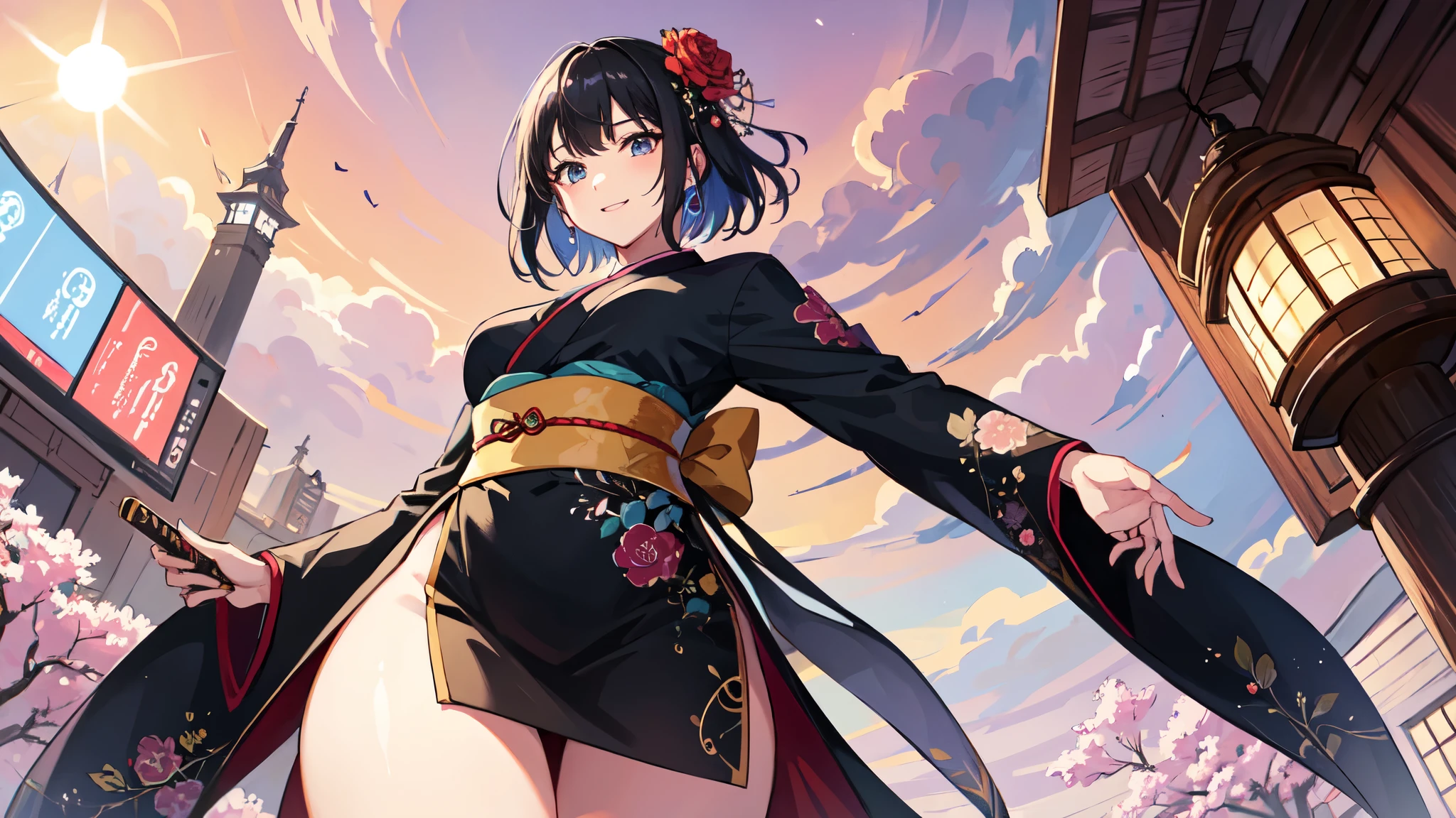 The background is a vibrant, colorful and beautiful floral landscape.、A lively beautiful girl with short black hair wearing a miniskirt and a black modern kimono、Japanese sword in right hand、A kind smile、Healthy thighs、Peeking into this、Angle from below、Neat and clean appearance、Ladylike atmosphere、Curvaceous、Anime Art Wallpaper 8K, Highly detailed digital art in 4K, Vibrant colors