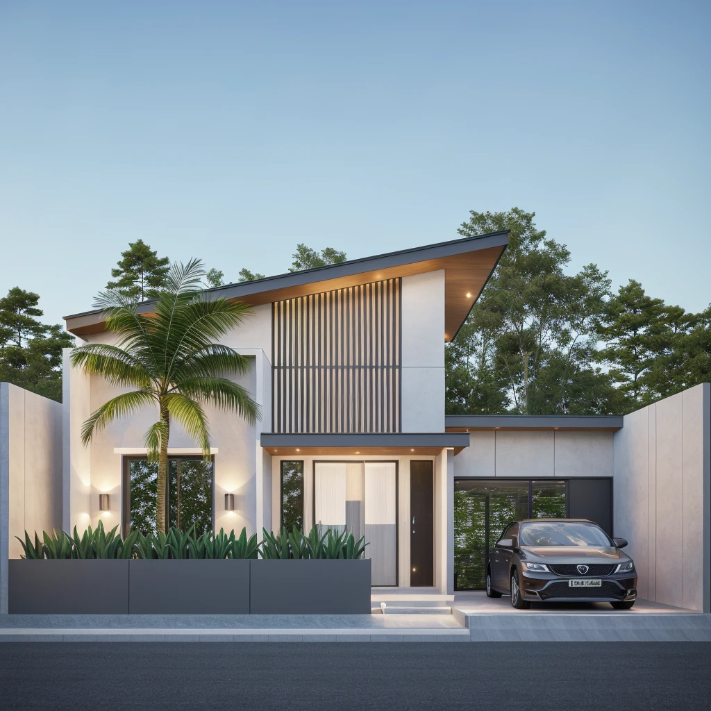 PLATFORM KTHOUSE, 1 morden villa,1large yard, 1 road runs in front of the house, (RAW photo, real, best quality, masterpiece:1.2), look morden minimalist, 1 road in front of the house, dynamic lighting:1.3, (hyper realistic, photo-realistic:1.2), high quality, (dark lighting:1.2), perfect lighting, archdaily, no human, light at 12 noon, light in door:1.2