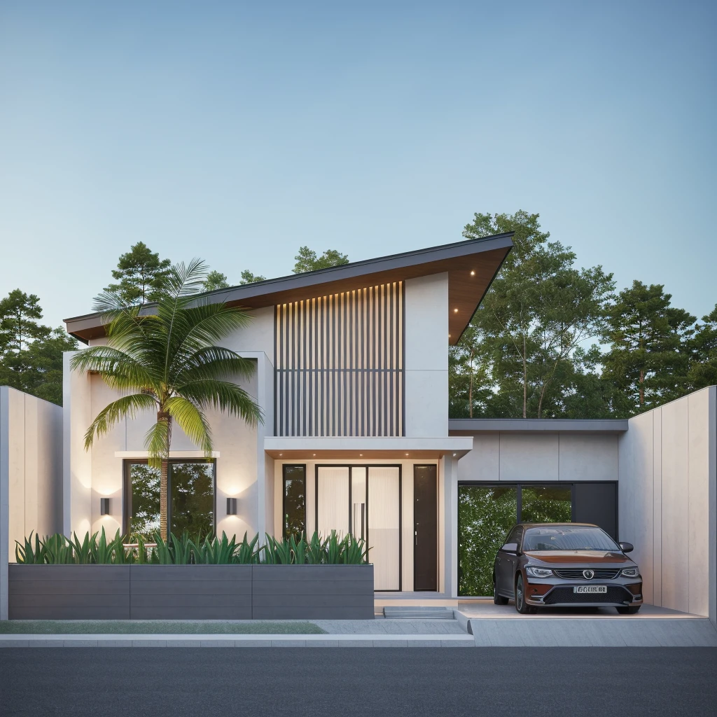 PLATFORM KTHOUSE, 1 morden villa,1large yard, 1 road runs in front of the house, (RAW photo, real, best quality, masterpiece:1.2), look morden minimalist, 1 road in front of the house, dynamic lighting:1.3, (hyper realistic, photo-realistic:1.2), high quality, (dark lighting:1.2), perfect lighting, archdaily, no human, light at 12 noon, light in door:1.2