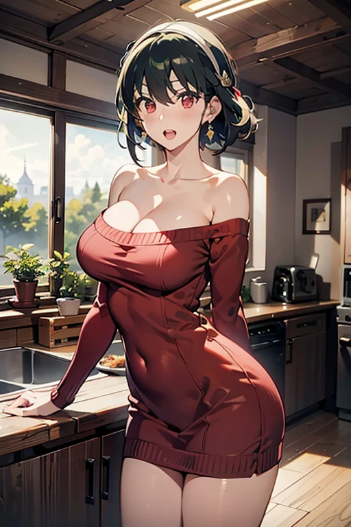 masterpiece, yor, 1girl, Bust A Cup, Amazing Cleavage:1.3, thin waist, big ass, Raised sexy, big breast: 1.2 posed cleavage:1.2、solo, looking at viewer, open mouth, have a cute grass of cute beergrass,black hair, red eyes, dress, bare shoulders, jewelry, collarbone, sidelocks, hairband, earrings, indoors, off shoulder, :o, sweater, arms behind back, plant, short hair with long locks, white hairband, off-shoulder dress, sweater dress, off-shoulder sweater, red sweater, big side hair, very long side hair,is rendered in (masterpiece: 1.2, best quality), with (ultra high resolution) and an exquisite (depth of field). This masterpiece is not only visually stunning but also tells,A scene of cooking in the kitchen