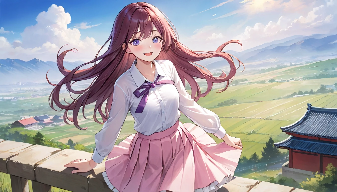 official art, masterpiece, Clear focus, (Beautiful, gorgeous and cute Korean woman:1.3), (beautiful and cute korean:1.3), Korean beauty, Exquisite and beautiful hair、Eyes and face, Practical, Super detailed, beautiful girl, Blue sky, Glowing white particles, (Side Light:1.2), Sunlight, Baiyun, Detailed clouds, slim, Very cute big and big butt, Smile with teeth bared, ((Smile with your eyes, Open your eyes)), landscape, Long and straight hair, Sexy facial expressions, architecture, (Rural landscape:1.7), Dynamic Hair, Long and straight hair, Fine purple hair, Blue eyes, (White pleated shirt +Pink skirt), White socks, Pale skin, Hair accessories, epic landscape,