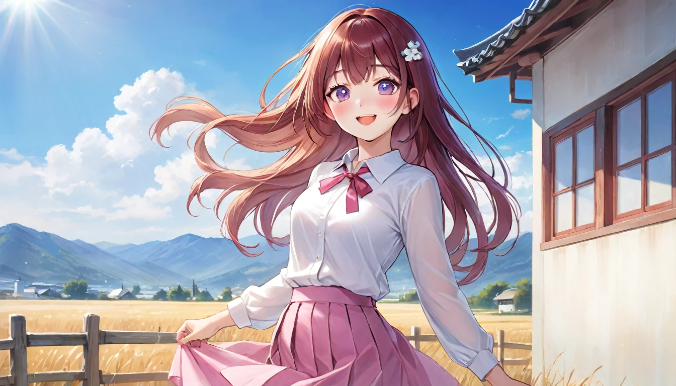 official art, masterpiece, Clear focus, (Beautiful, gorgeous and cute Korean woman:1.3), (beautiful and cute korean:1.3), Korean beauty, Exquisite and beautiful hair、Eyes and face, Practical, Super detailed, beautiful girl, Blue sky, Glowing white particles, (Side Light:1.2), Sunlight, Baiyun, Detailed clouds, slim, Very cute big and big butt, Smile with teeth bared, ((Smile with your eyes, Open your eyes)), landscape, Long and straight hair, Sexy facial expressions, architecture, (Rural landscape:1.7), Dynamic Hair, Long and straight hair, Fine purple hair, Blue eyes, (White pleated shirt +Pink skirt), White socks, Pale skin, Hair accessories, epic landscape,