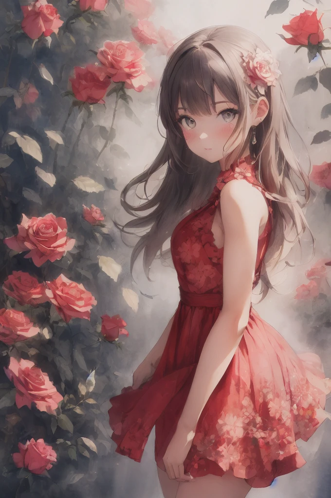 Absurd, High resolution, Super detailed, (One beautiful girl:1.3),　Crimson rose dress, de luz, Watercolor style, Soft Blending, Dreamy wash, Warm texture,