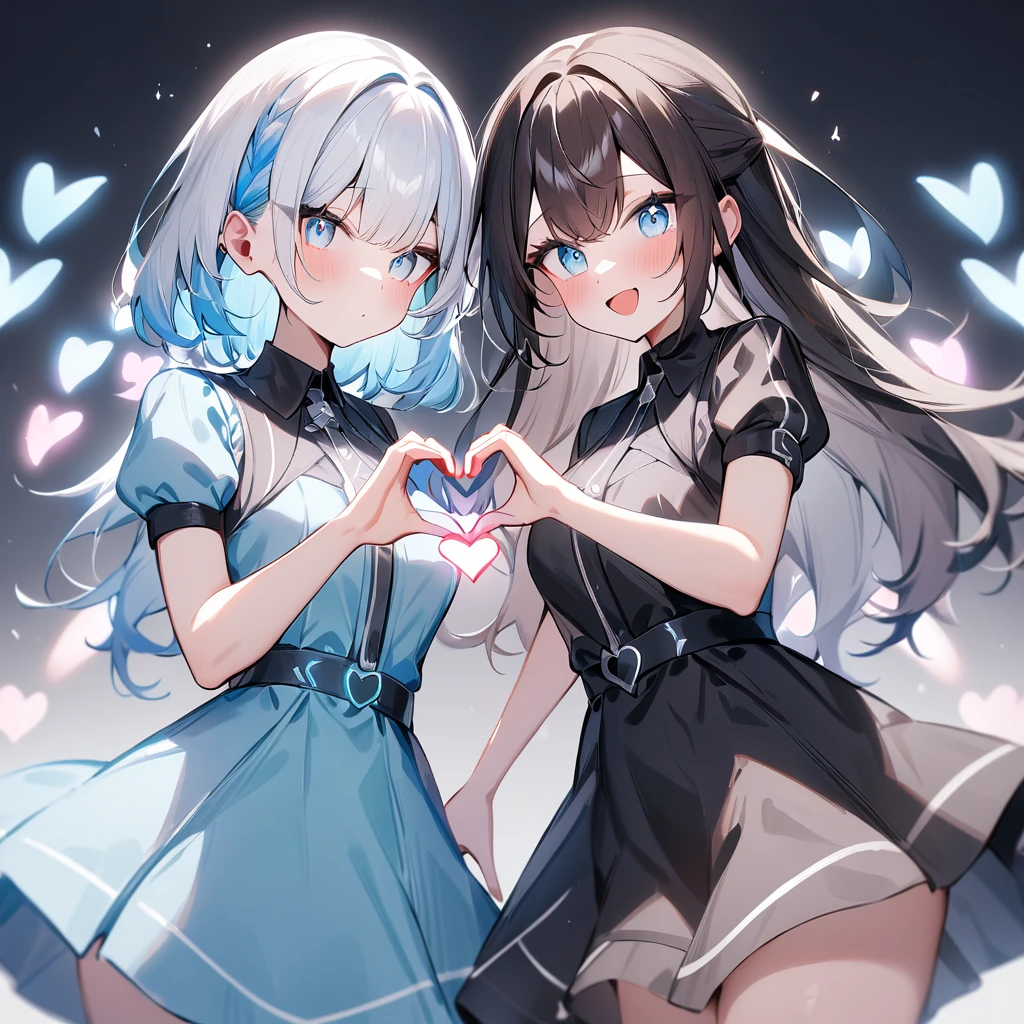 {{2girls}},masterpiece,best quality,very aesthetic,absurdres,cowboy shot,lightcolor,darkcolor,(heart_hands_duo:1.5),light hair,dark hair,White hair,light blue hair,light blue eyes,Lovely,🏩