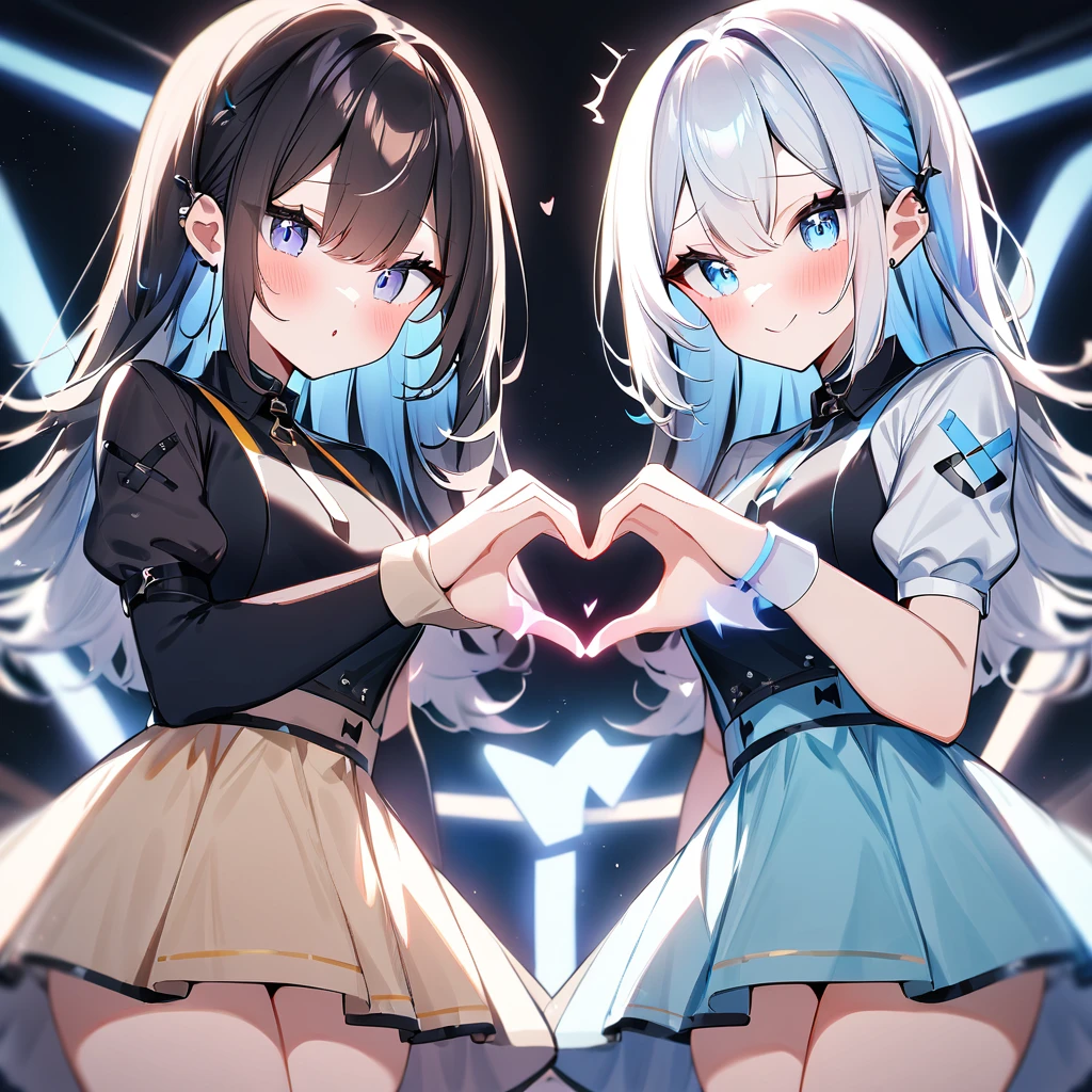 {{2girls}},masterpiece,best quality,very aesthetic,absurdres,cowboy shot,lightcolor,darkcolor,(heart_hands_duo:1.5),light hair,dark hair,White hair,light blue hair,light blue eyes,Lovely,🏩