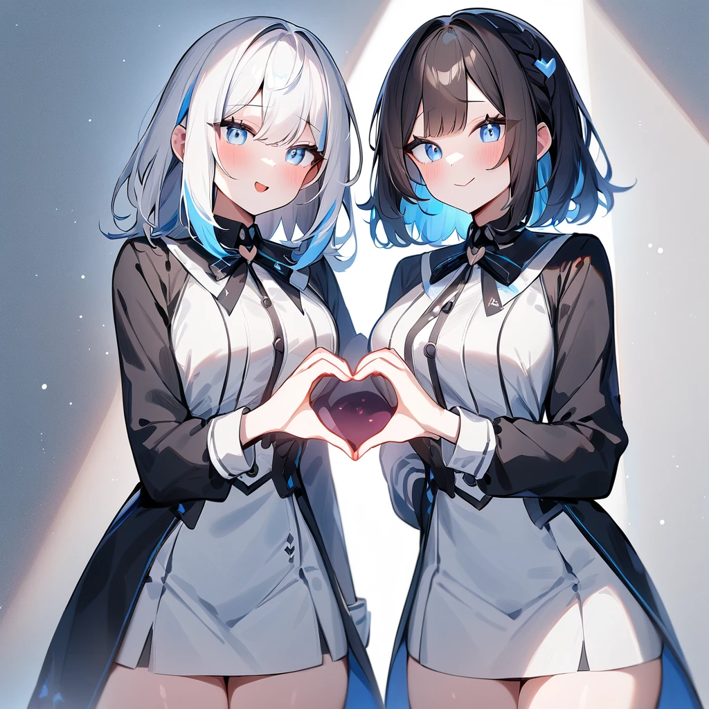 {{2girls}},masterpiece,best quality,very aesthetic,absurdres,cowboy shot,lightcolor,darkcolor,(heart_hands_duo:1.5),light hair,dark hair,White hair,light blue hair,light blue eyes,Lovely,🏩