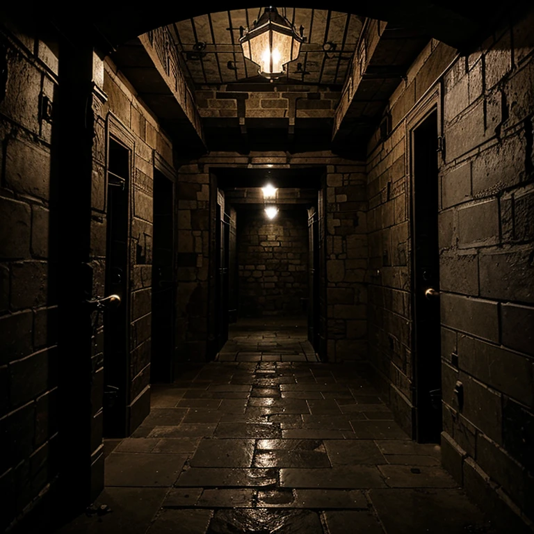 The haunted castle's dark and gloomy dungeon cells with prison bars and cages