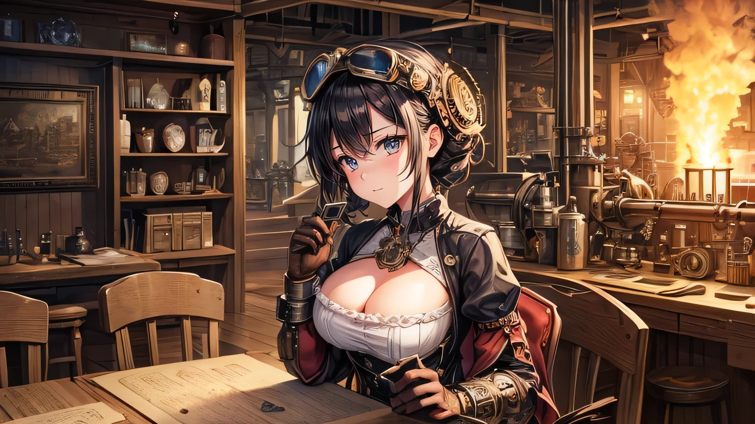 A super-detailed drawing of the steampunk world, The gears are stuck, Steam engine, Industrial revolution gadgets, piston, Muffler spewing steam, shaft, Pressure, and meters, BREあK Middle Layer: Steam Princess, Cute girl in anime style,Large Breasts,Embodying the fusion of steampunk decorations and accessories,