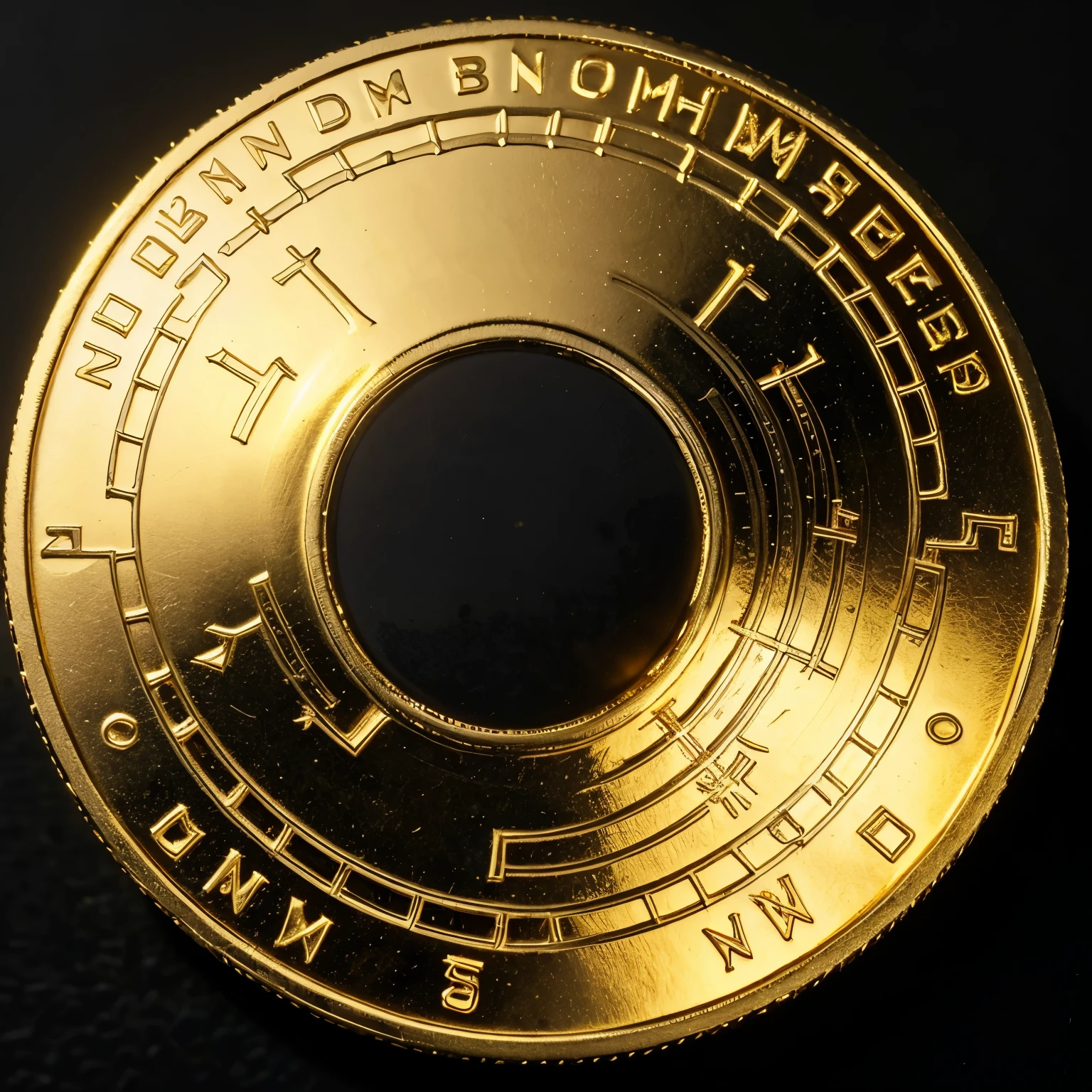 Close-up of a gold token on a black background, Cryptocurrencies in the background, 2077