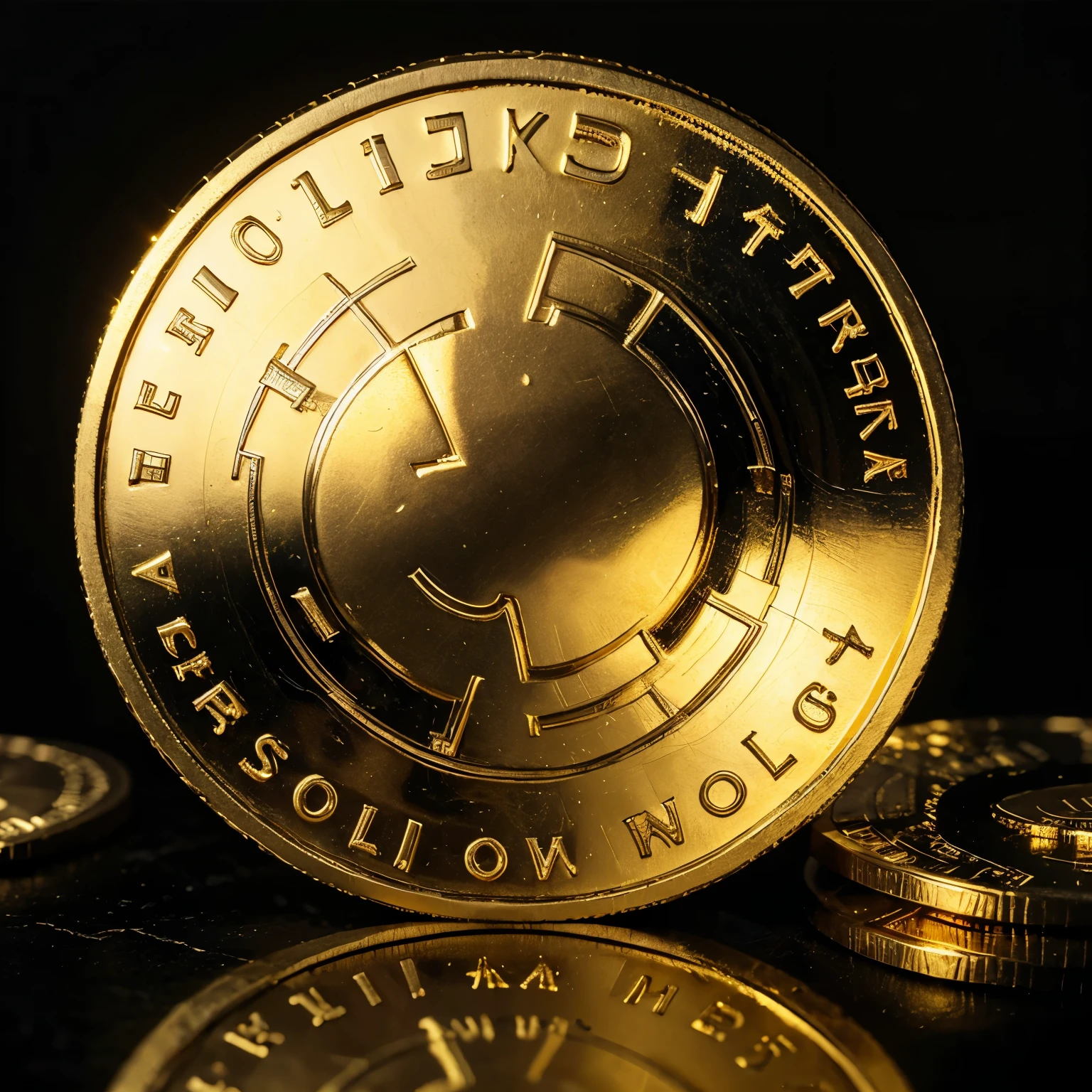 Close-up of a gold token on a black background, Cryptocurrencies in the background, 2077