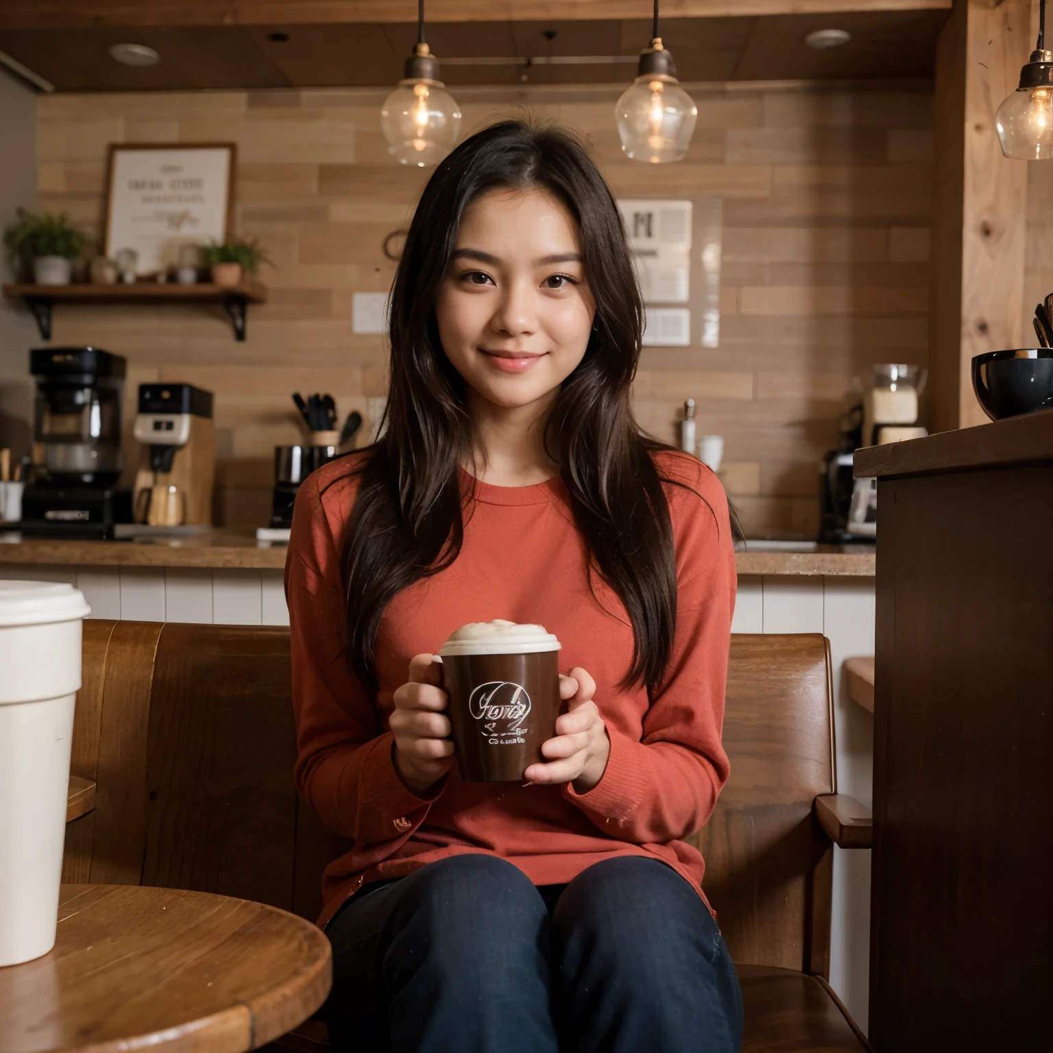 A stunningly cute 22-year-old Asian woman with smooth, glowing skin, long silky black hair, and sparkling brown eyes. She is wearing a stylish red shirt and black jeans. She is sitting in a cozy coffee shop with a cup of coffee in front of her. Her smile is warm and inviting, exuding youthful energy and charm. The background includes a warm, cozy coffee shop interior with wooden furniture and a relaxed atmosphere.