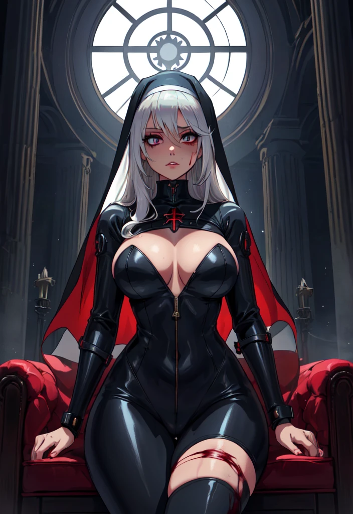 anime nun girl in a black bodysuit outfit in a gothic cathedra, nun outfit, nun, wearing shiny breastplate, cyberpunk, divine ray over her head, holy armor,  holy cyborg necromancer girl, vampire nun, behind her a gothic cathedral, thicc, blood rayne, vampir hunter d, sliver hair, blood, creepy,