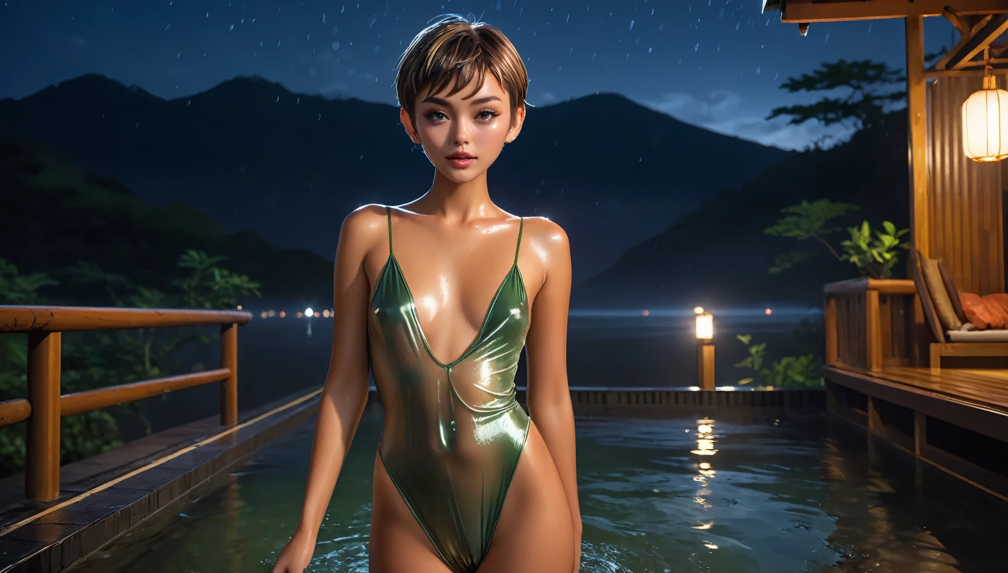 Top Quality, Masterpiece, High Resolution, 8k, wide objective, full body shot, ((cute tanned girl in a wet silky oversized see-through jumpsuit, short pixie asymmetrical hair, small perky breasts, beautiful detailed eyes, beautiful detailed lips, extremely detailed face, no lipstick, no makeup, in onsen, at night, very dim light from one side))